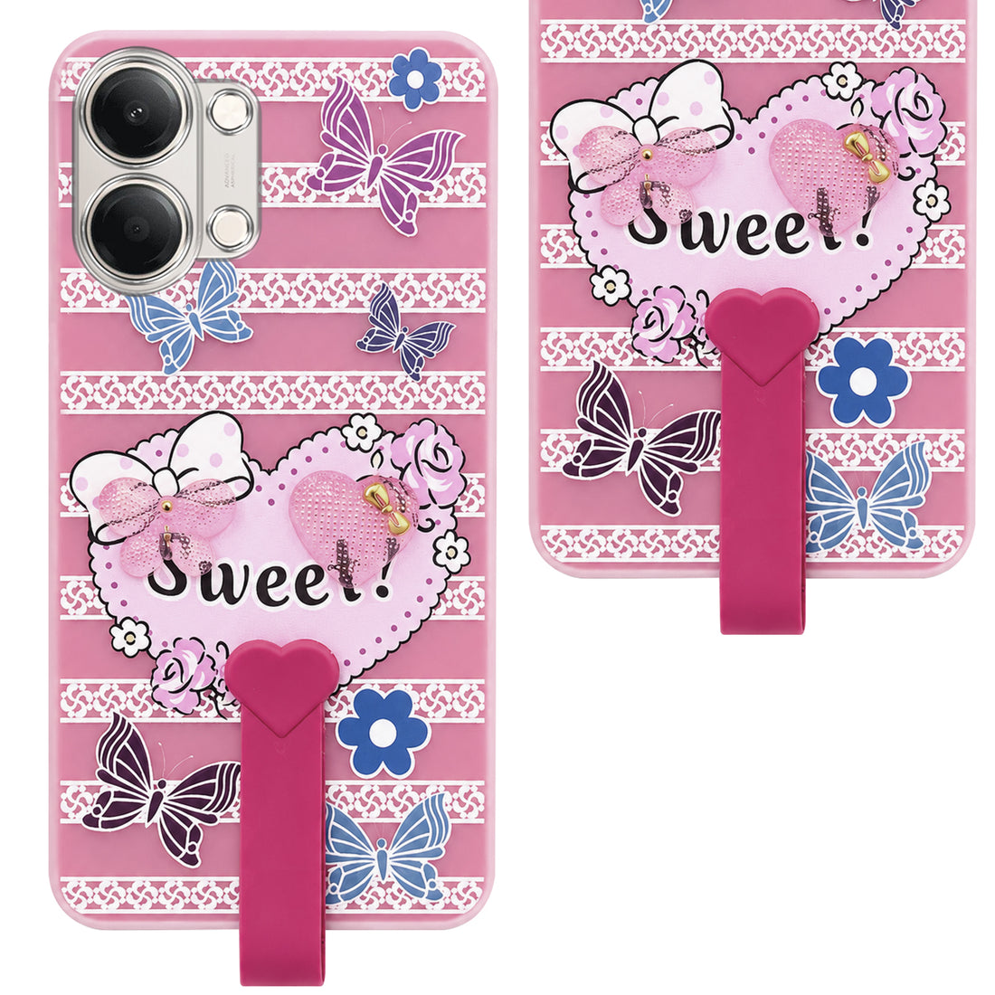 For Vivo iQOO Z11 Lite Back Cover Case (3D Cute Heart Strap Holder | Camera Protection | Designer Girls Print)
