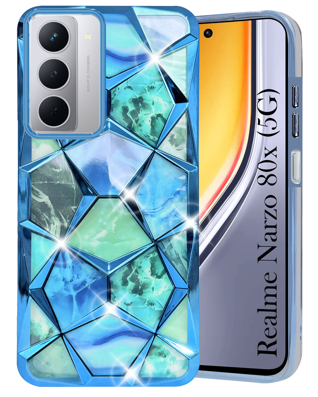 For Realme Narzo 80x Back Cover Case Girls (Dual Design Glitter Sparkle and Detachable Diamond Print Case | Soft and Flexible)