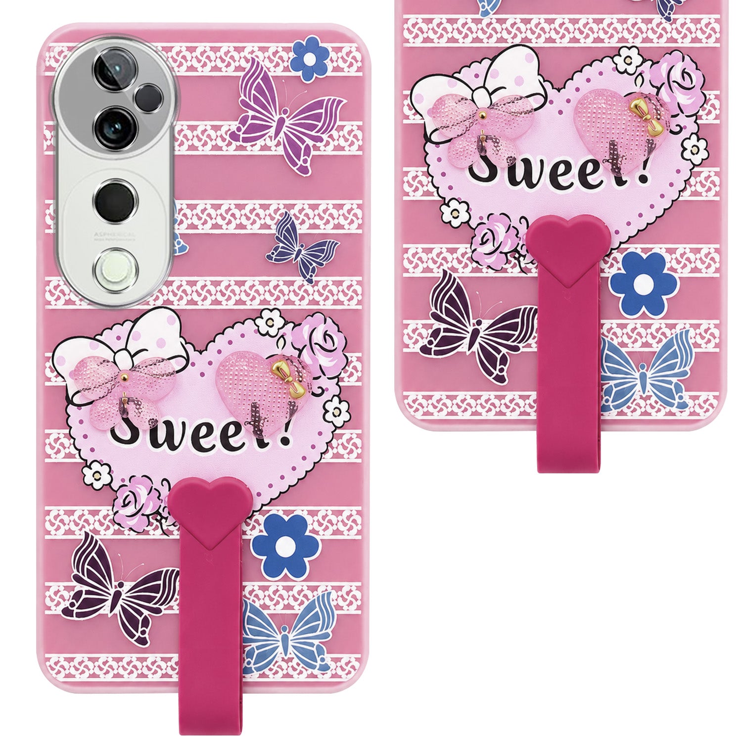 For Vivo T3 Ultra Back Cover Case (3D Cute Heart Strap Holder | Camera Protection | Designer Girls Print)