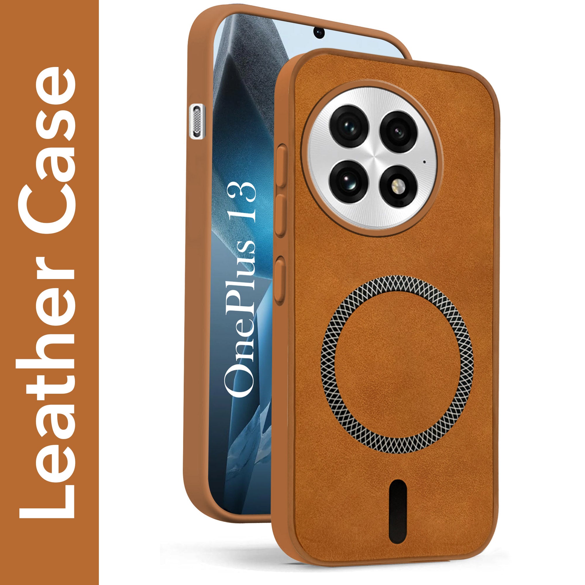 For OnePlus 13 Back Cover Case Leather Finish (MagSafe Compatible Wireless Charging | Soft Touch | Camera Bump Protection)