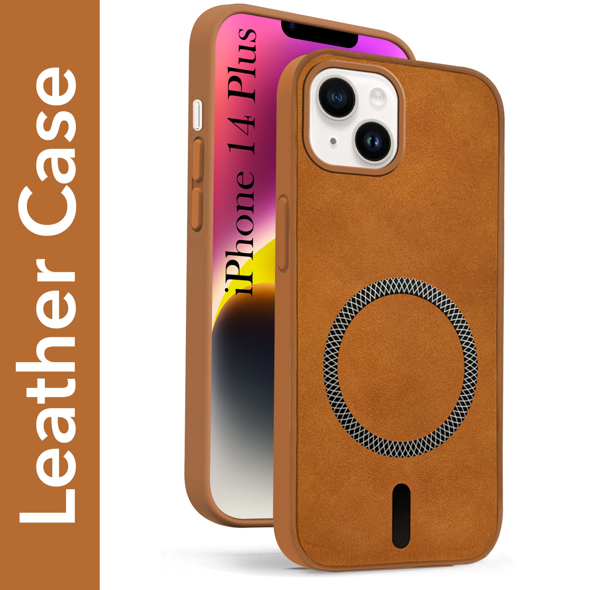 For Apple iPhone 14 Plus Back Cover Case Leather Finish (MagSafe Compatible Wireless Charging | Soft Touch | Camera Bump Protection)