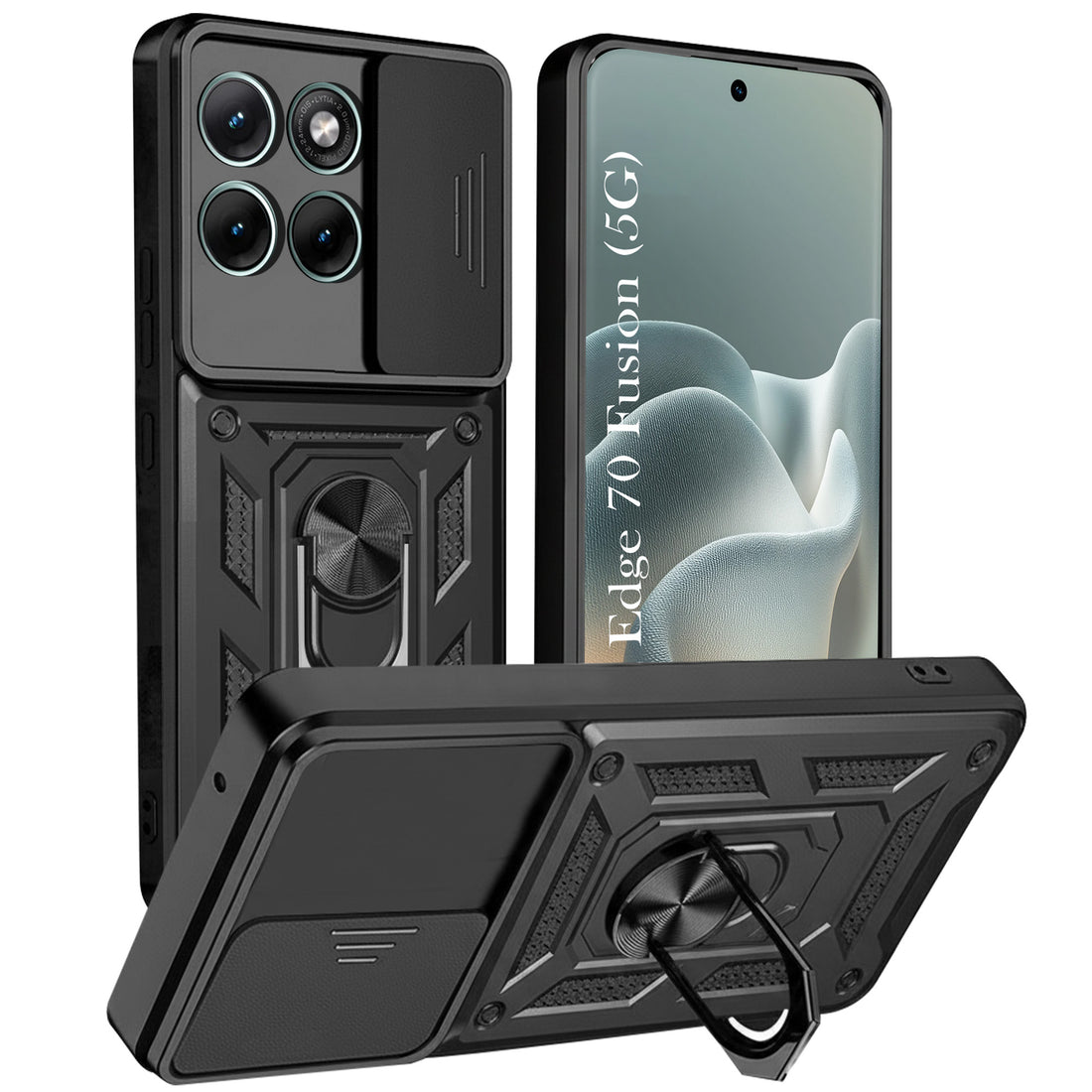 For Motorola Moto Edge 70 Fusion Back Cover Case Hybrid Armor (Sliding Shutter Camera Protection | Polycarbonate |Ring Holder Kickstand)