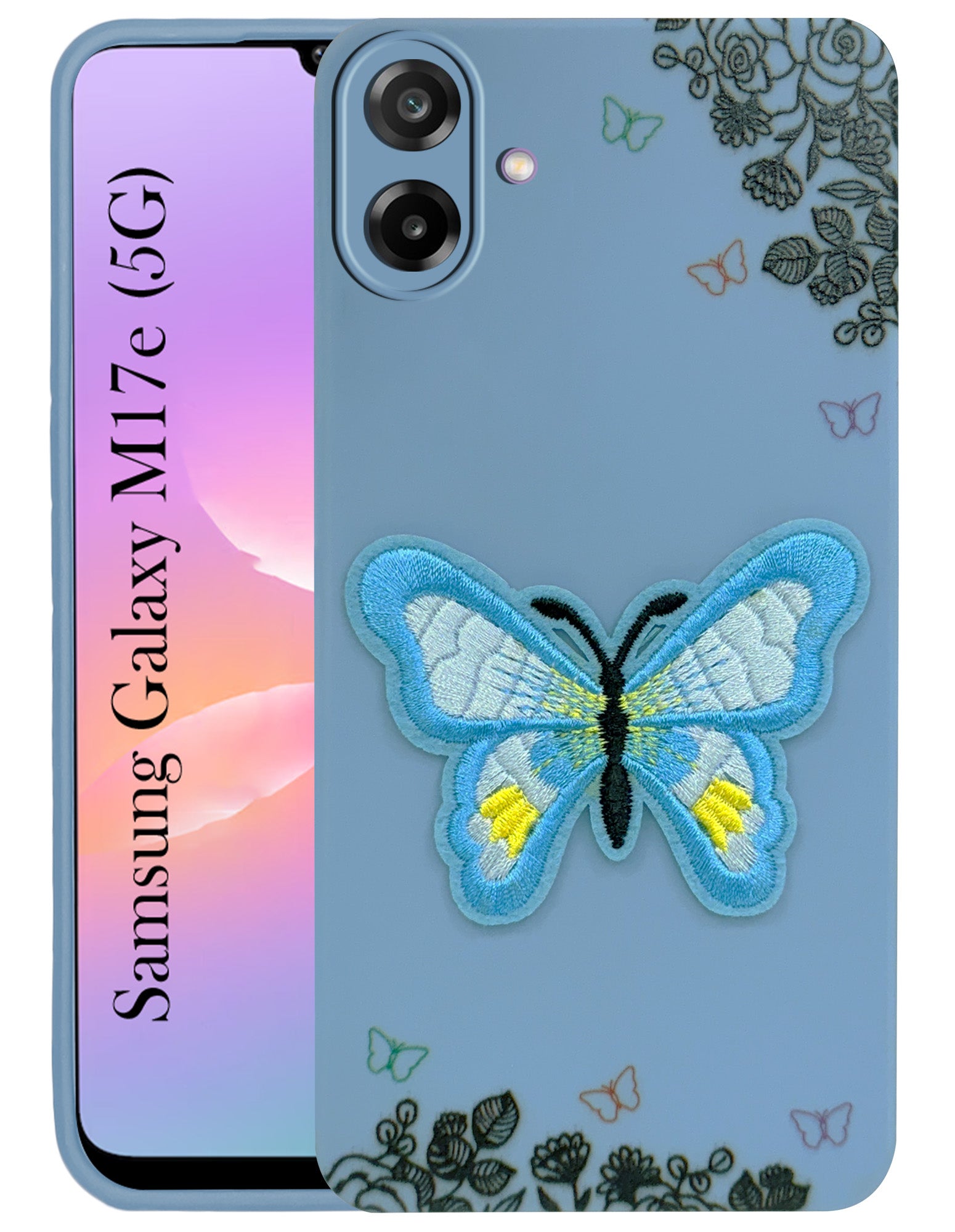 For Samsung Galaxy M17e Back Cover Case (Soft Butterfly Embroidery | Women Teen Girls | Camera Protection| Matte Silicone)
