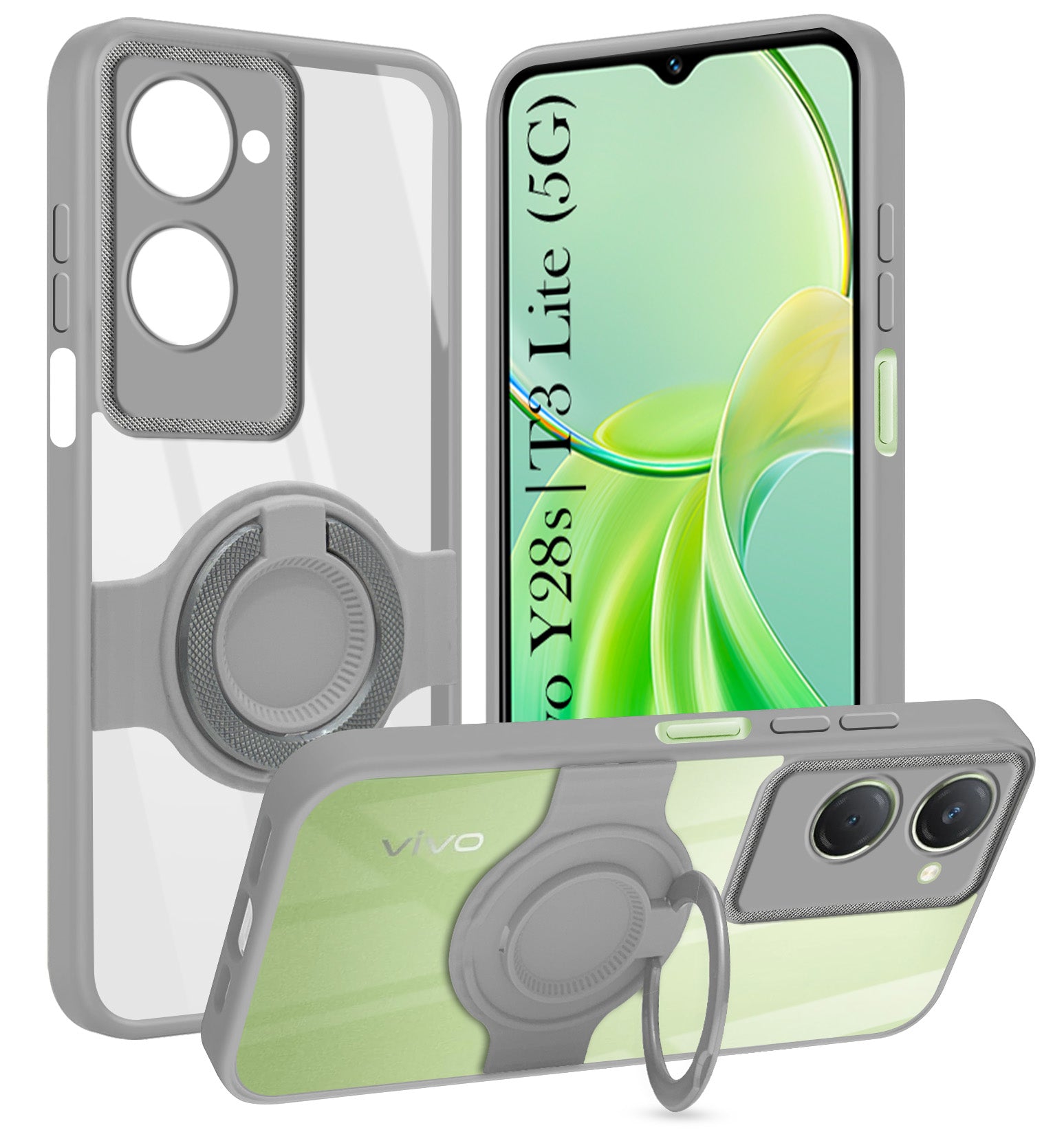 For Vivo T3 Lite 5G | Vivo Y28s 5G Back Cover Case with stand (Built-in Ring Holder Kickstand | Lifetime Anti Yellow | Camera Protection)