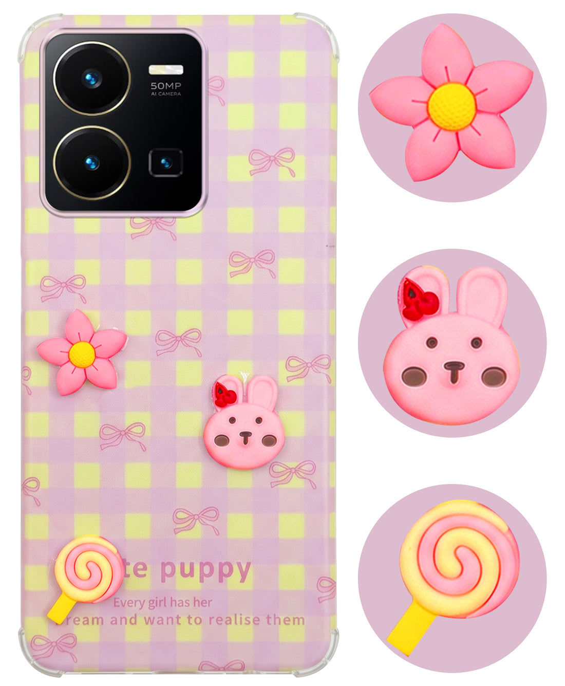 For Vivo Y35 Back Cover Case (3D Cute Cartoons | Hard Back Side Soft | Matte Premium Finish | HD Printing)