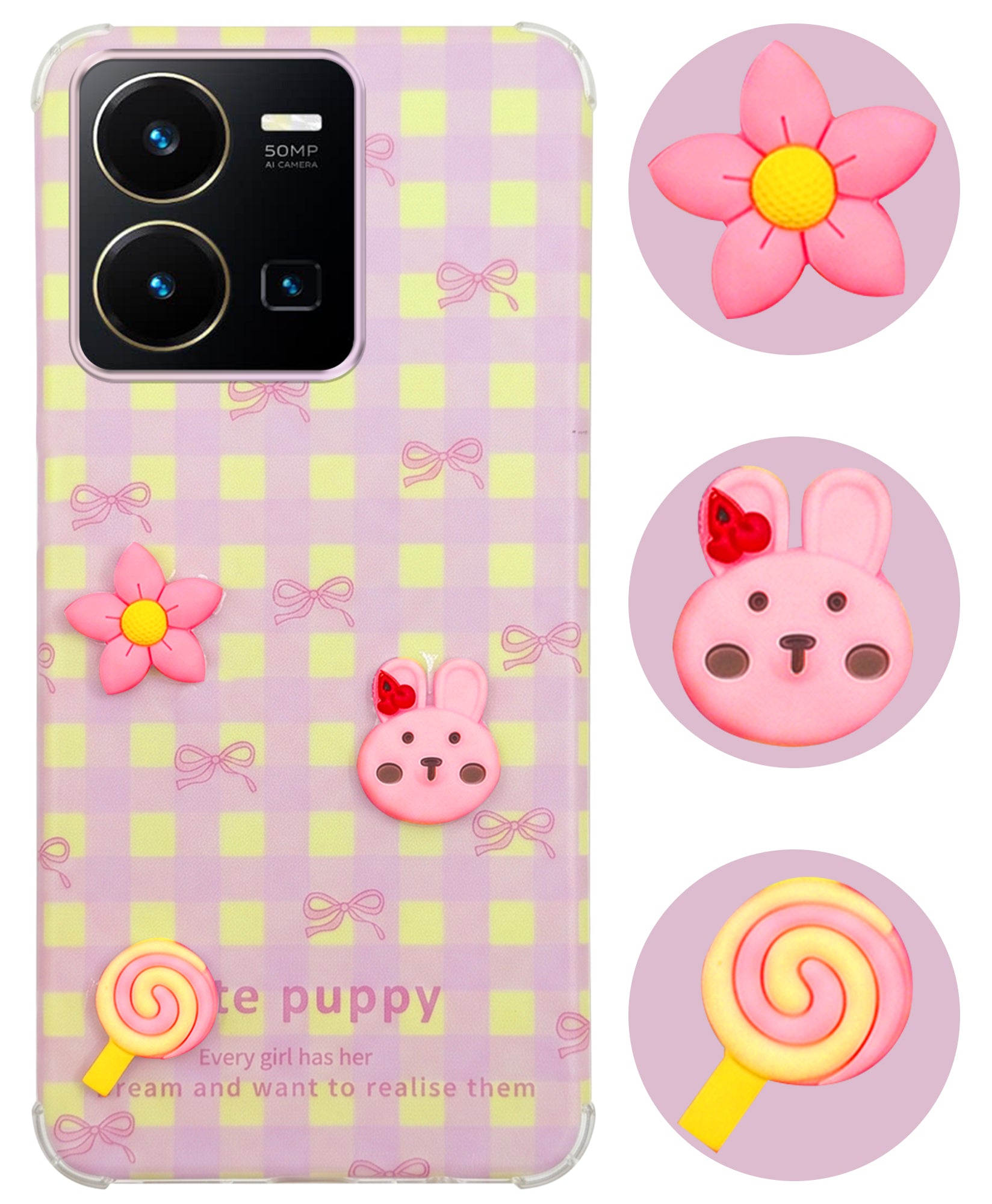 For Vivo Y35 Back Cover Case (3D Cute Cartoons | Hard Back Side Soft | Matte Premium Finish | HD Printing)