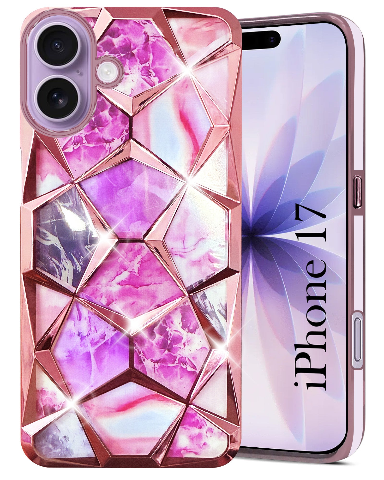 For Apple iPhone 17 Back Cover Case Compatible 3D Silicone (Dual Design Glitter Sparkle and Detachable Diamond Print Case | Soft and Flexible)