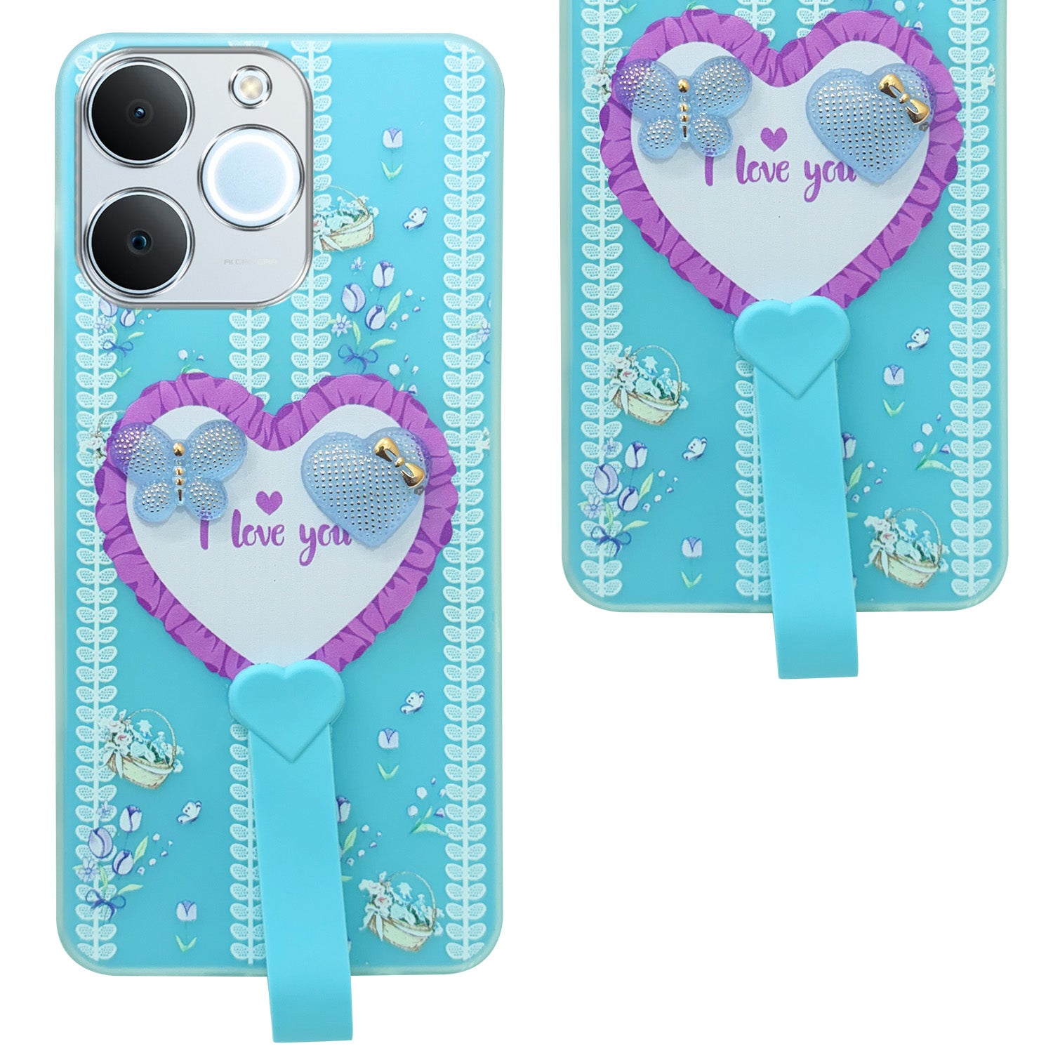 For Realme P4 Lite | Realme Narzo 80 Lite 4G Back Cover Case (3D Cute Heart Strap Holder | Camera Protection | Designer Girls Print)