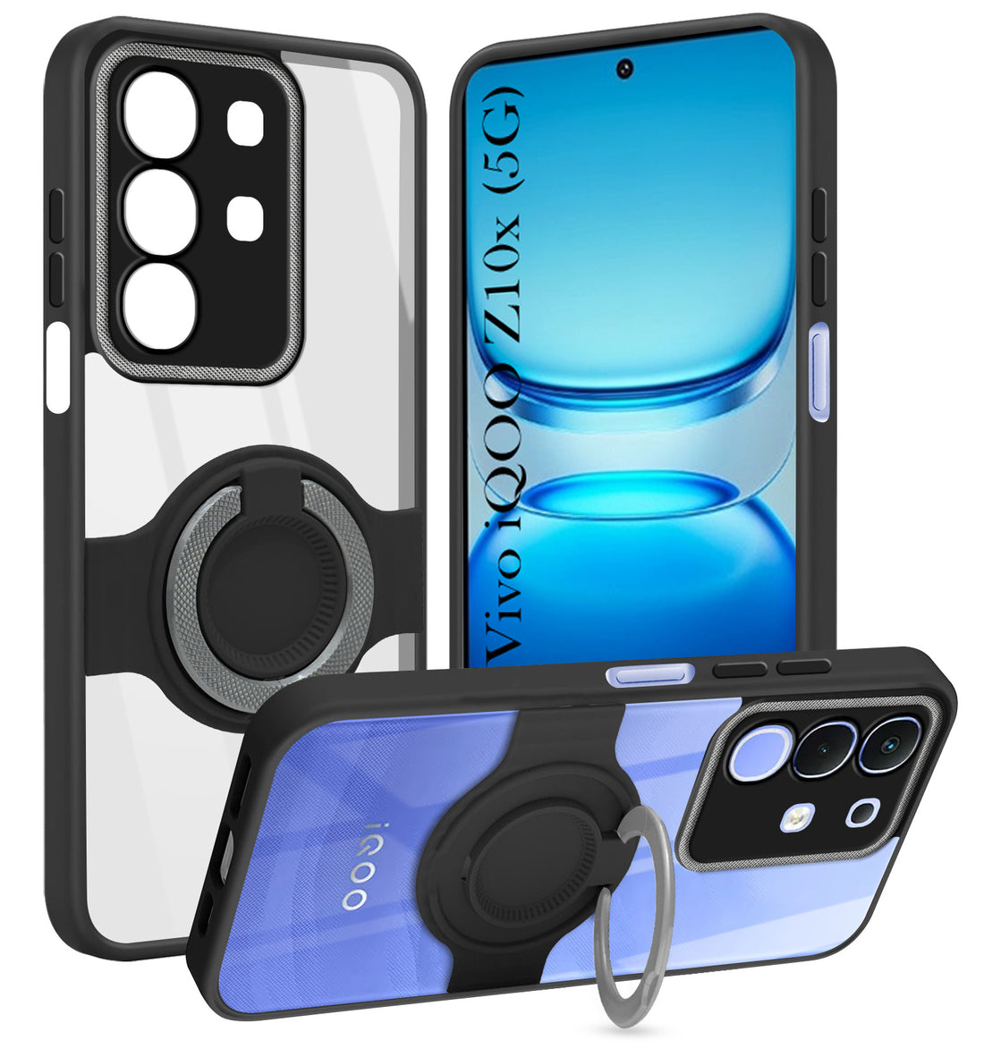 For Vivo iQOO Z10x Back Cover Case with stand (Built-in Ring Holder Kickstand | Lifetime Anti Yellow | Camera Protection)