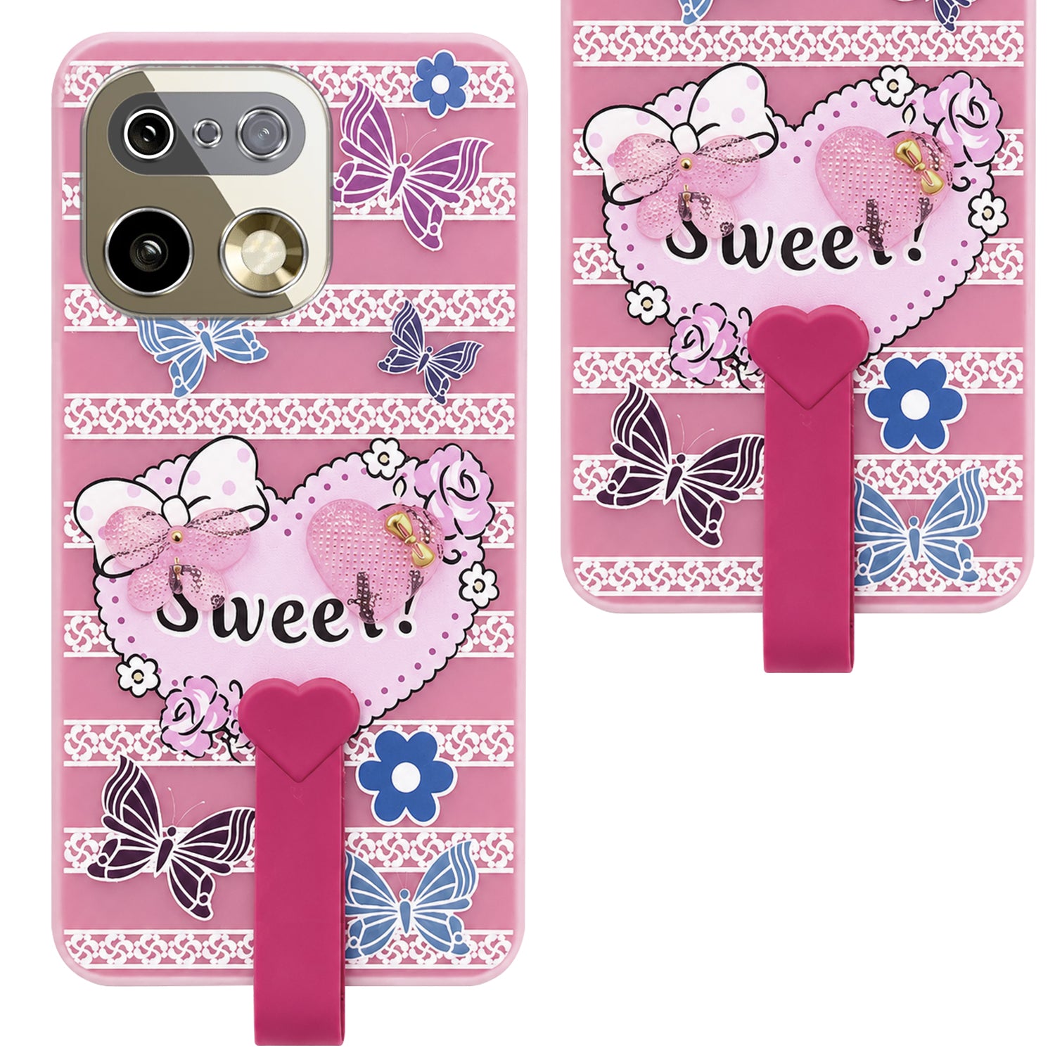 For Realme 16 Pro Plus 5G Back Cover Case (3D Cute Heart Strap Holder | Camera Protection | Designer Girls Print)