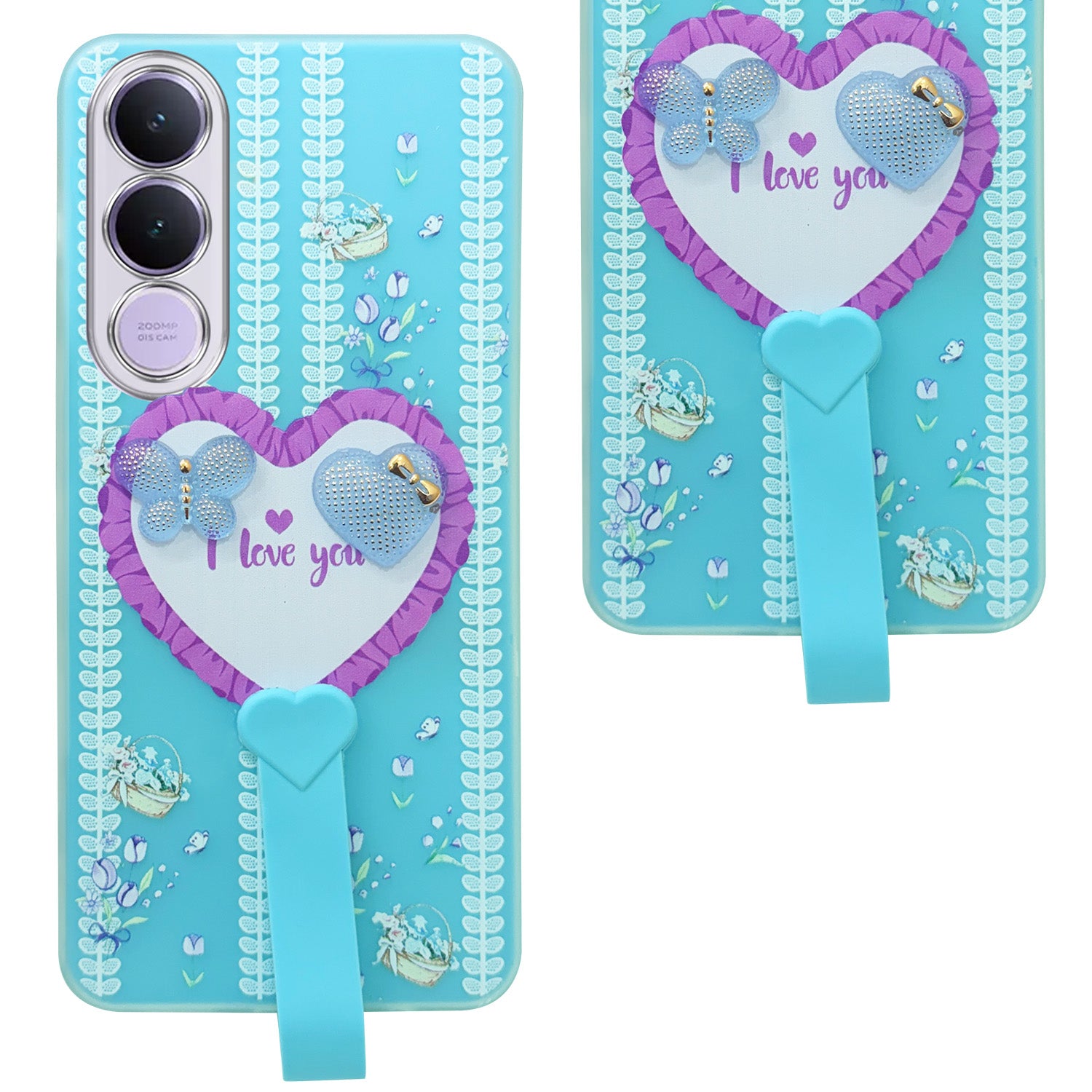 For Vivo V70 FE 5G Back Cover Case (3D Cute Heart Strap Holder | Camera Protection | Designer Girls Print)
