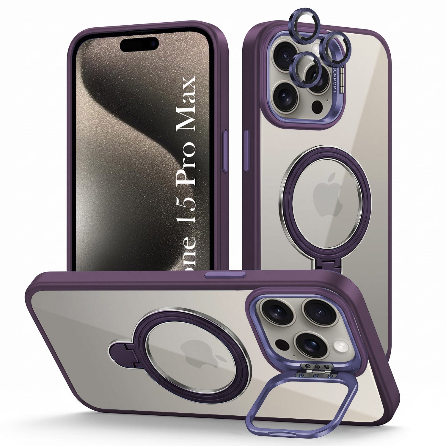 For Apple iPhone 15 Pro Max Back Cover Case Crystal (Lifetime Anti Yellow | Magnetic Ring Stand | Camera Lens Protection | MagSafe Compatible)