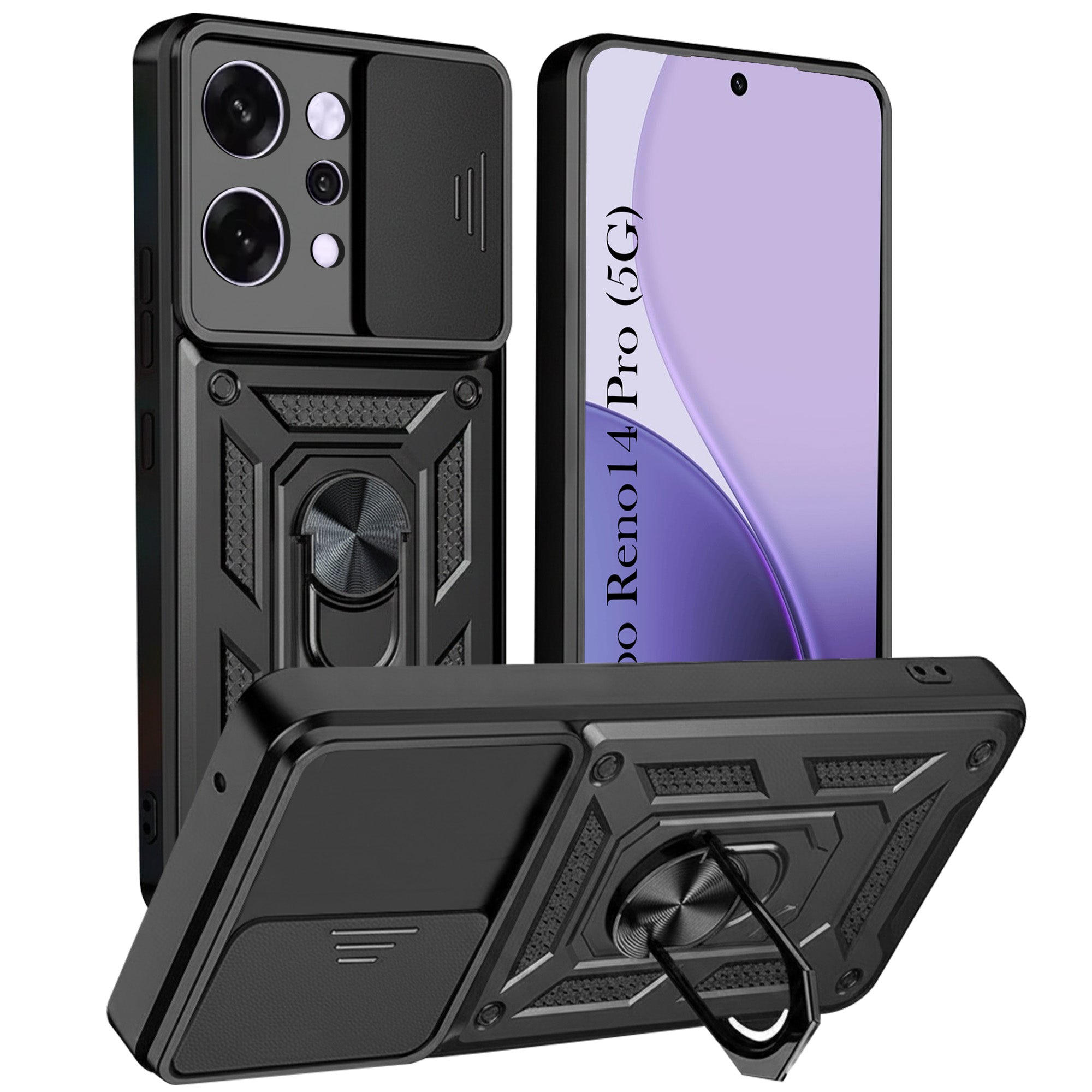 For Oppo Reno14 Pro 5G | Oppo Reno 14 Pro 5G Back Cover Case (Sliding Shutter Camera Protection | Polycarbonate |Ring Holder Kickstand)