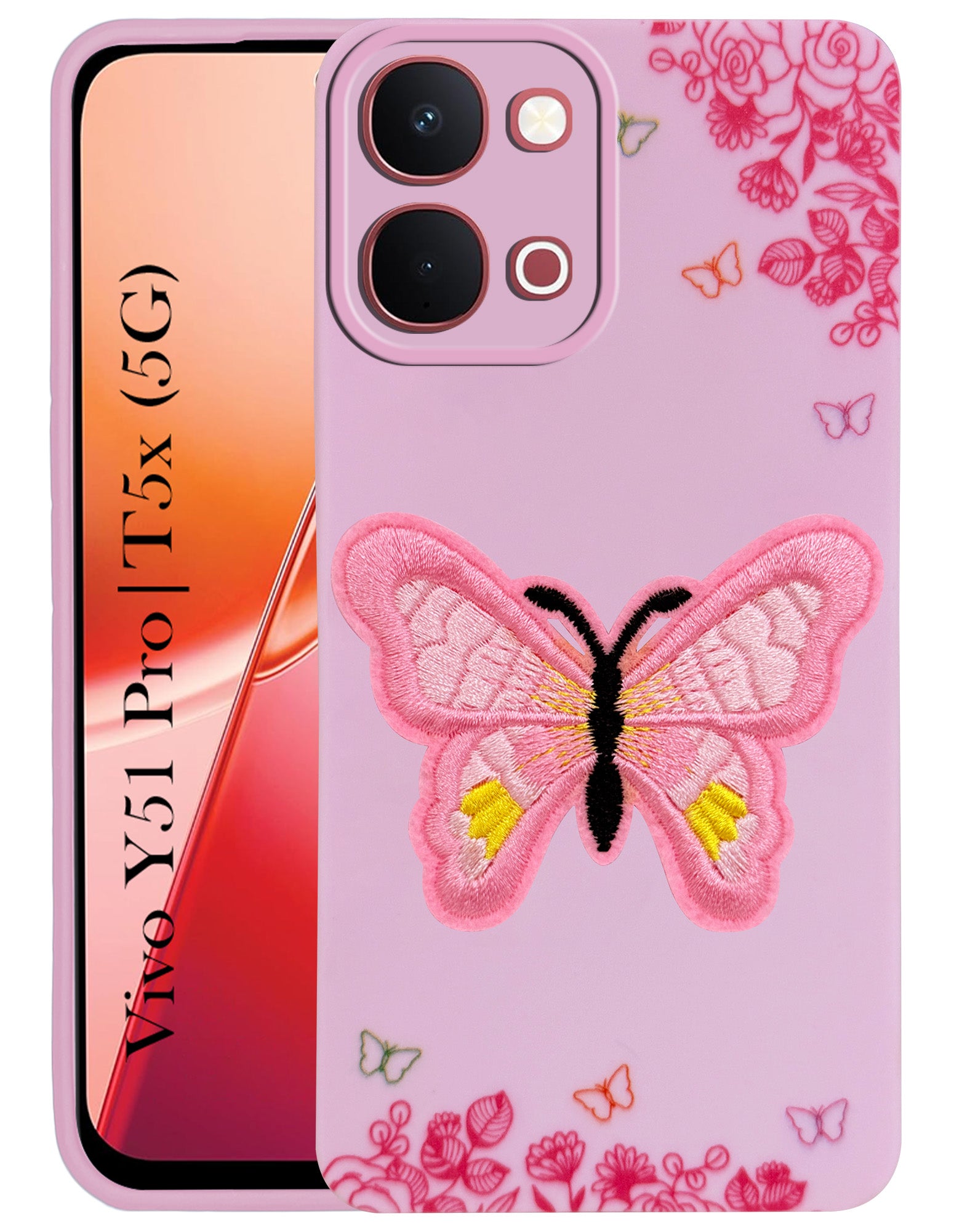 For Vivo Y51 Pro 5G | Vivo T5x Back Cover Case (Soft Butterfly Embroidery | Women Teen Girls | Camera Protection| Matte Silicone)