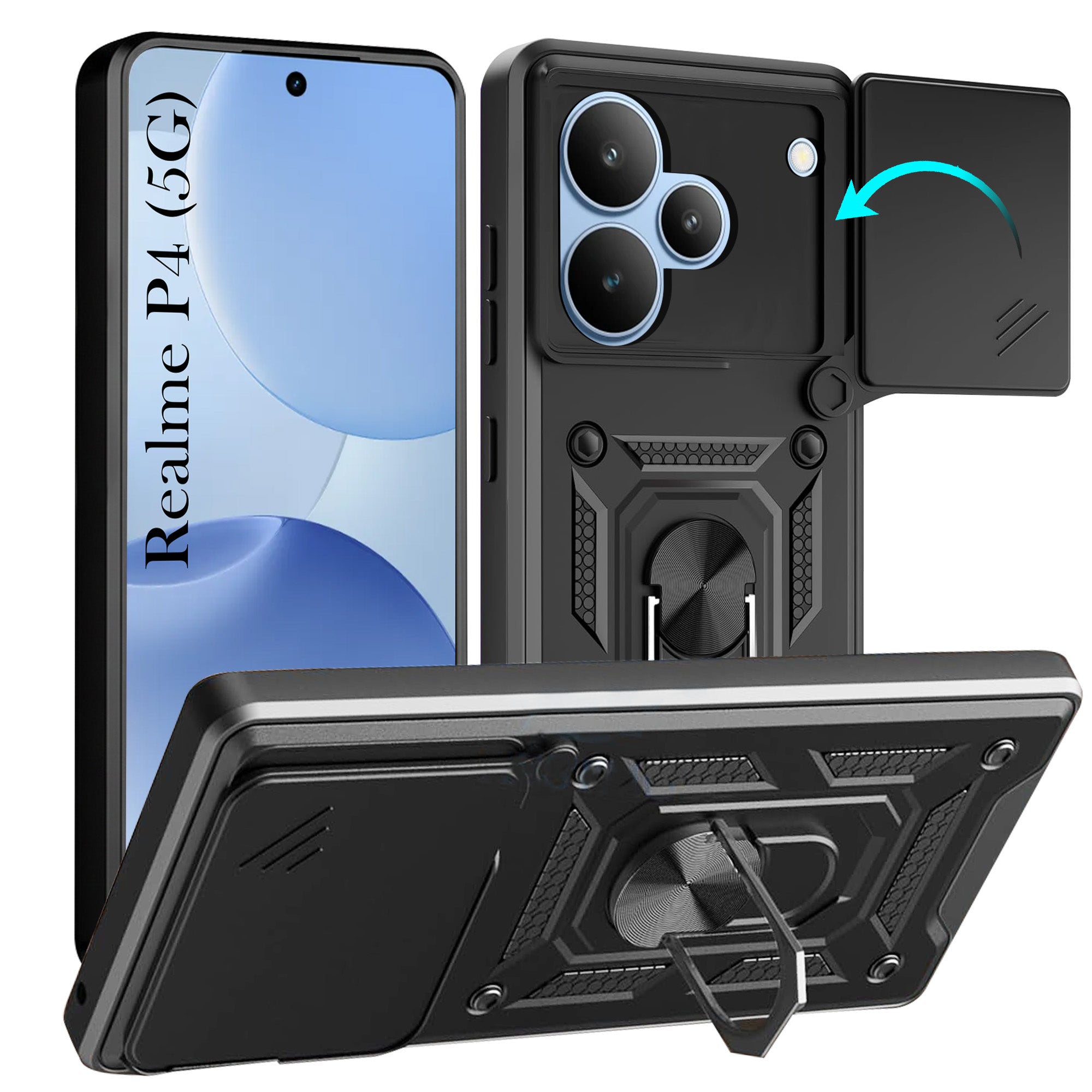 For Realme P4 Back Cover Case Hybrid Armor (Sliding Shutter Camera Protection | Polycarbonate |Ring Holder Kickstand)