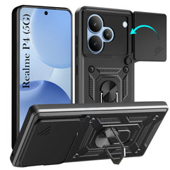 For Realme P4 Back Cover Case Hybrid Armor (Sliding Shutter Camera Protection | Polycarbonate |Ring Holder Kickstand)