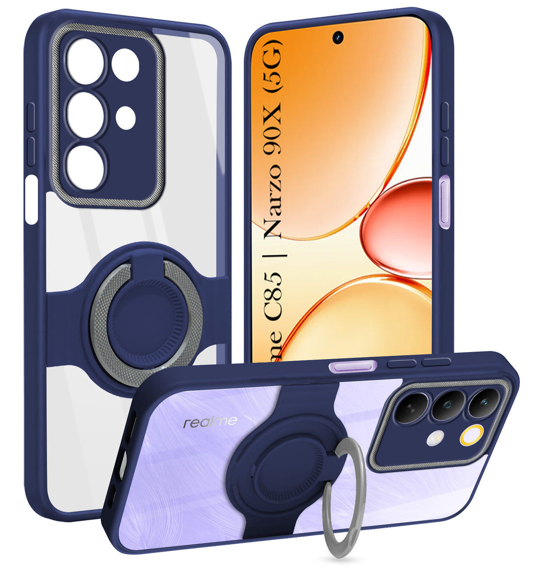 For Realme C85 5G | Realme Narzo 90x Back Cover Case with stand (Built-in Ring Holder Kickstand | Lifetime Anti Yellow | Camera Protection)