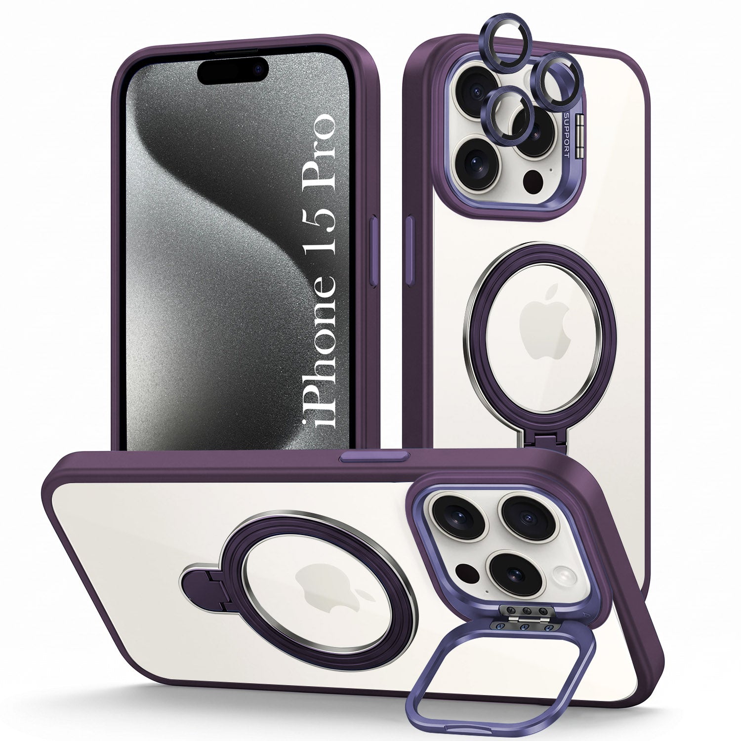 For Apple iPhone 15 Pro Back Cover Case Crystal (Lifetime Anti Yellow | Magnetic Ring Stand | Camera Lens Protection | MagSafe Compatible)