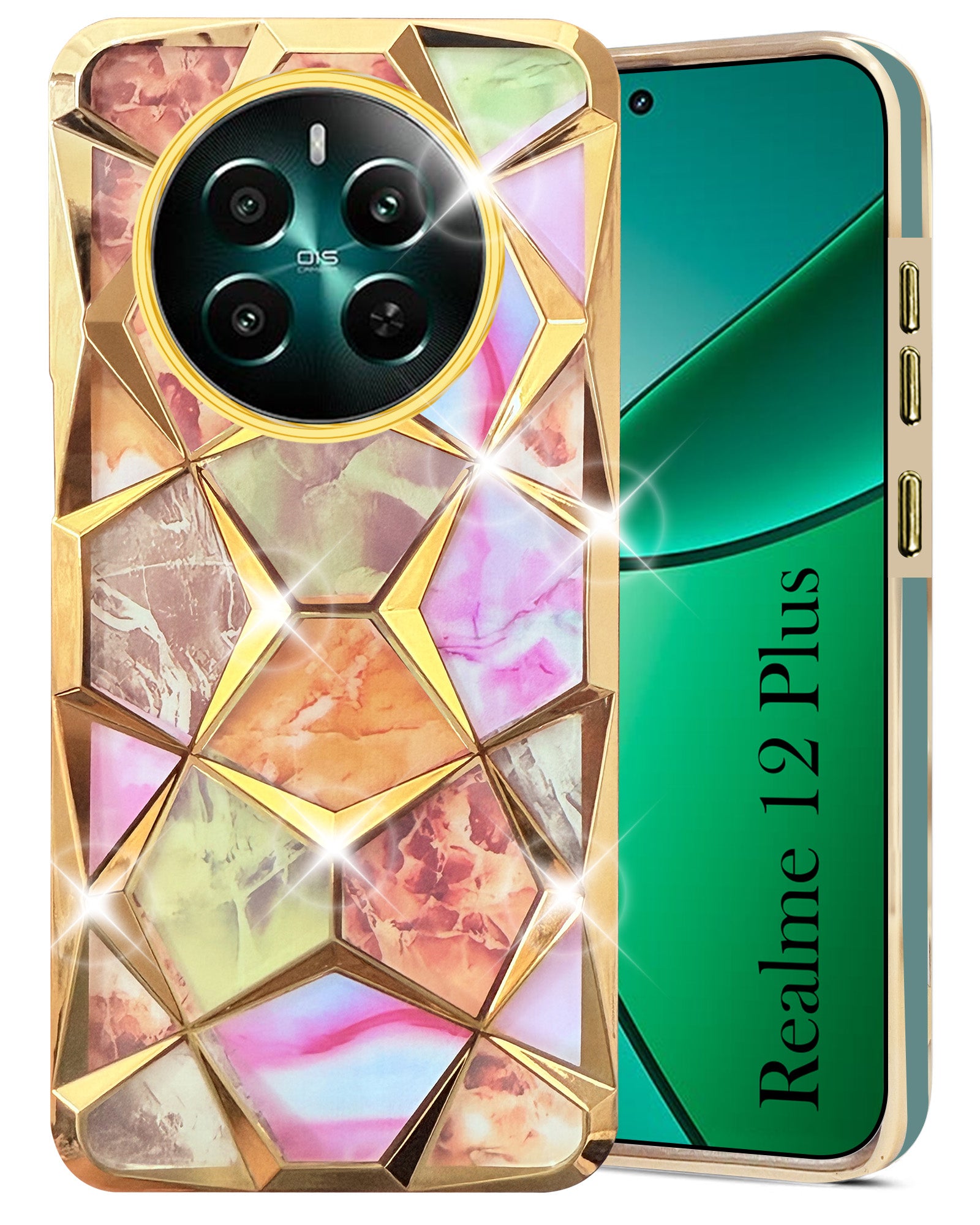 For Realme 12 Plus Back Cover Case ( Dual Design Glitter Sparkle and Detachable Diamond Print Case | Soft and Flexible)