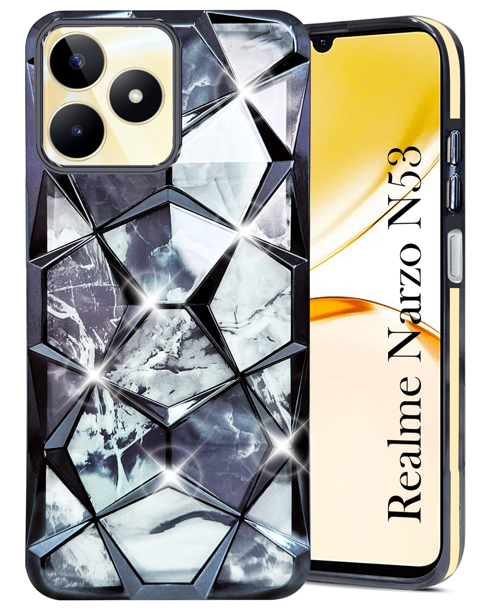 For Realme Narzo N53 Back Cover Case ( Dual Design Glitter Sparkle and Detachable Diamond Print Case | Soft and Flexible)