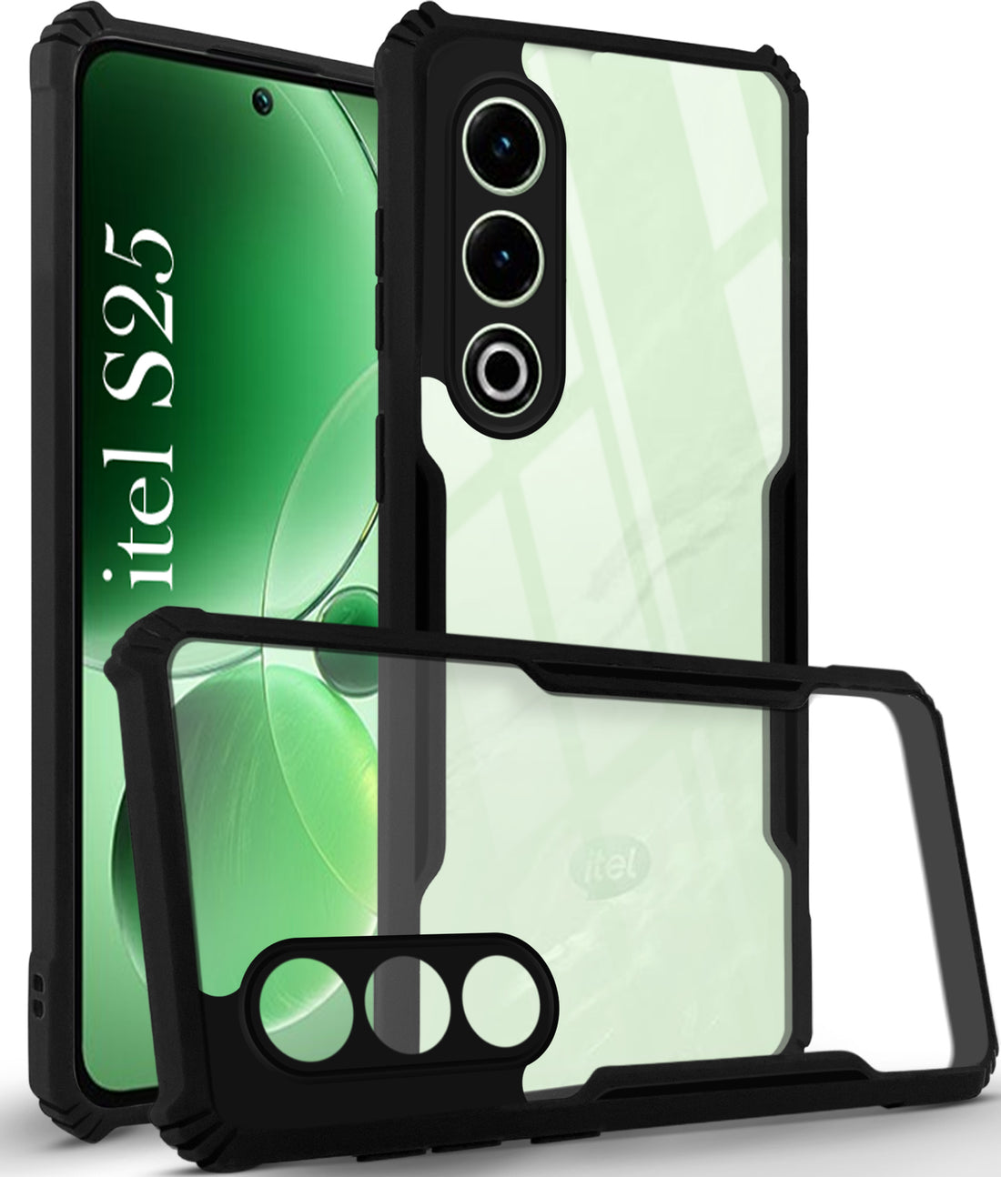 For Itel S25 Back Cover Case (Shockproof with Polycarbonate Clear Panel | Professional Black)