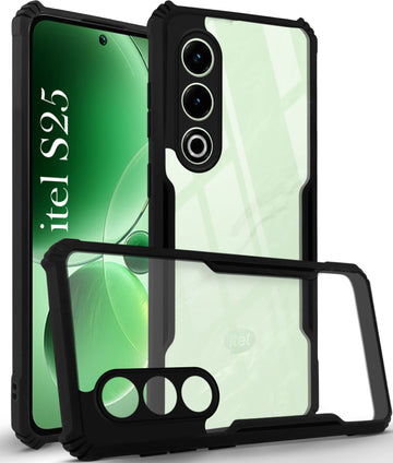 For Itel S25 Back Cover Case (Shockproof with Polycarbonate Clear Panel | Professional Black)