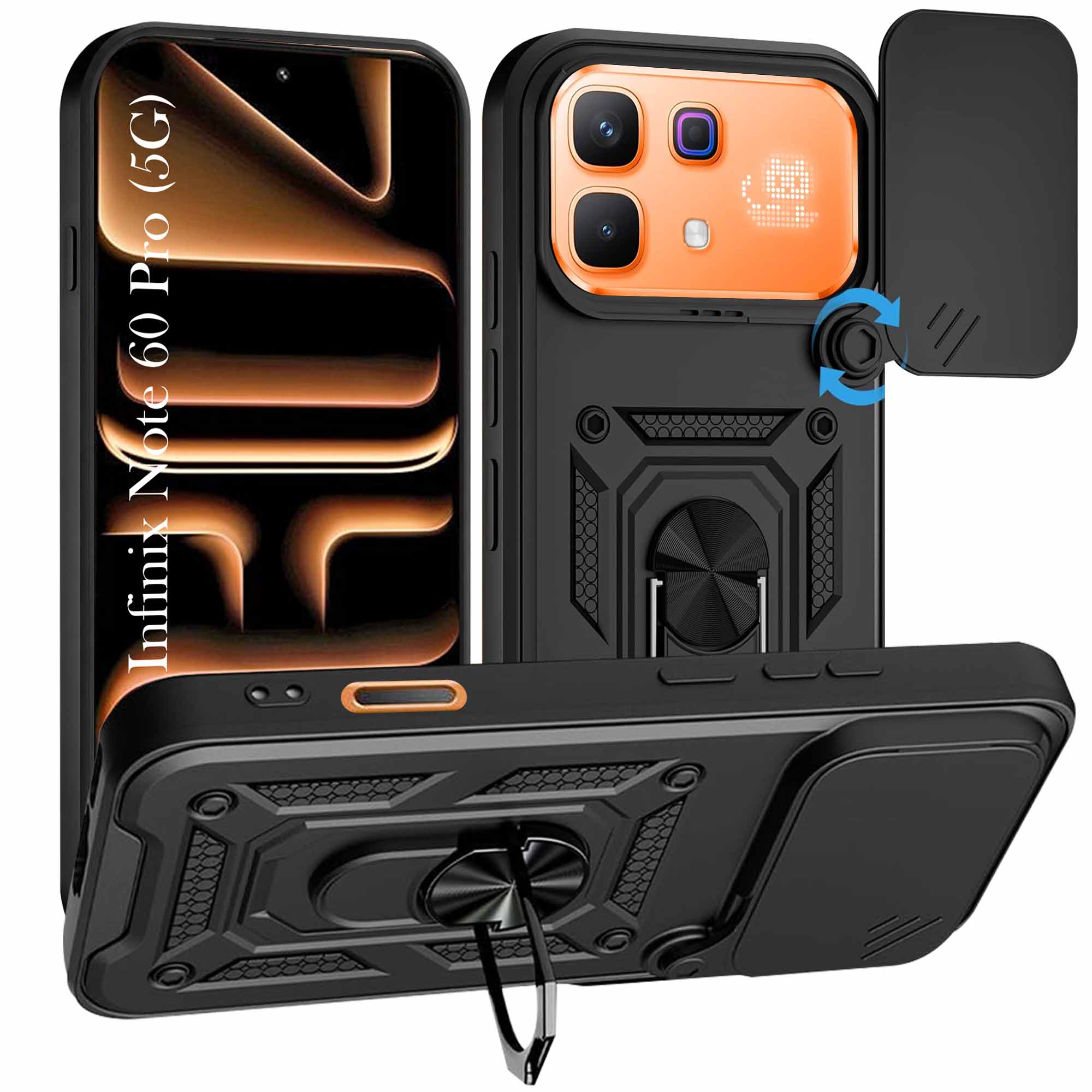 For Infinix Note 60 Pro 5G Back Cover Case Hybrid Armor (Sliding Shutter Camera Protection | Polycarbonate |Ring Holder Kickstand)