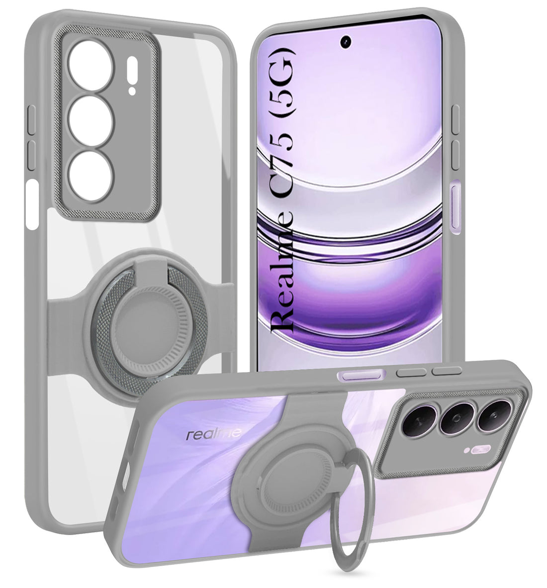 For Realme C75 5G Back Cover Case with stand (Built-in Ring Holder Kickstand | Lifetime Anti Yellow | Camera Protection)