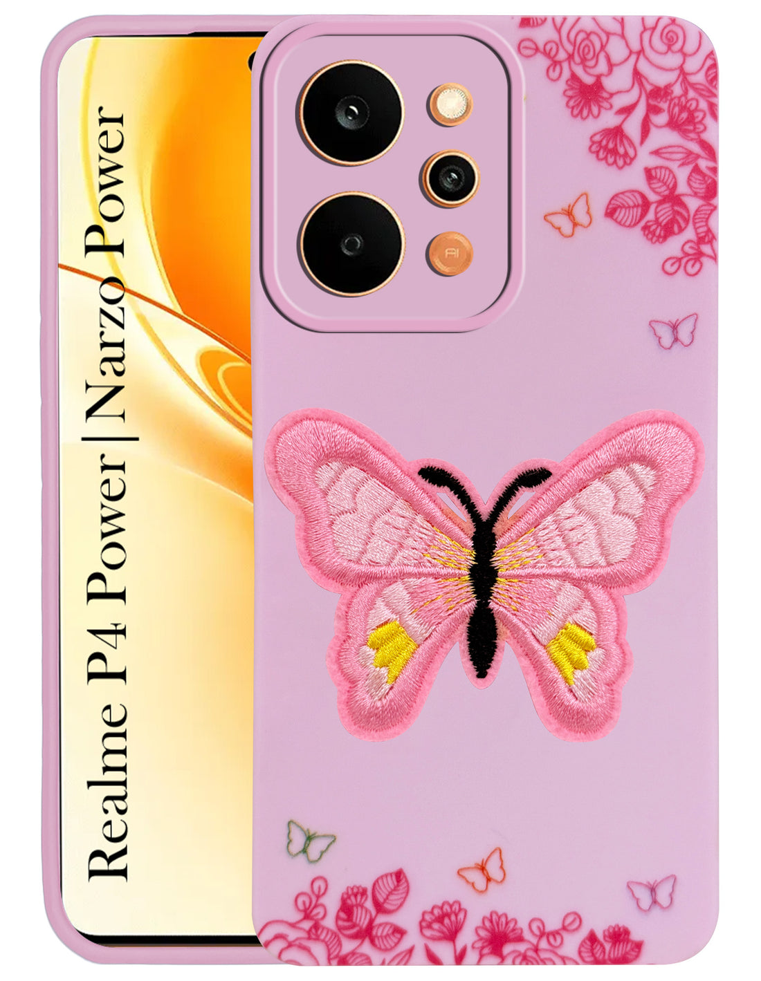For Realme P4 Power 5G | Realme Narzo Power Back Cover Case (SoFt ButterFly Embroidery | Women Teen Girls | Camera Protection| Matte Silicone)