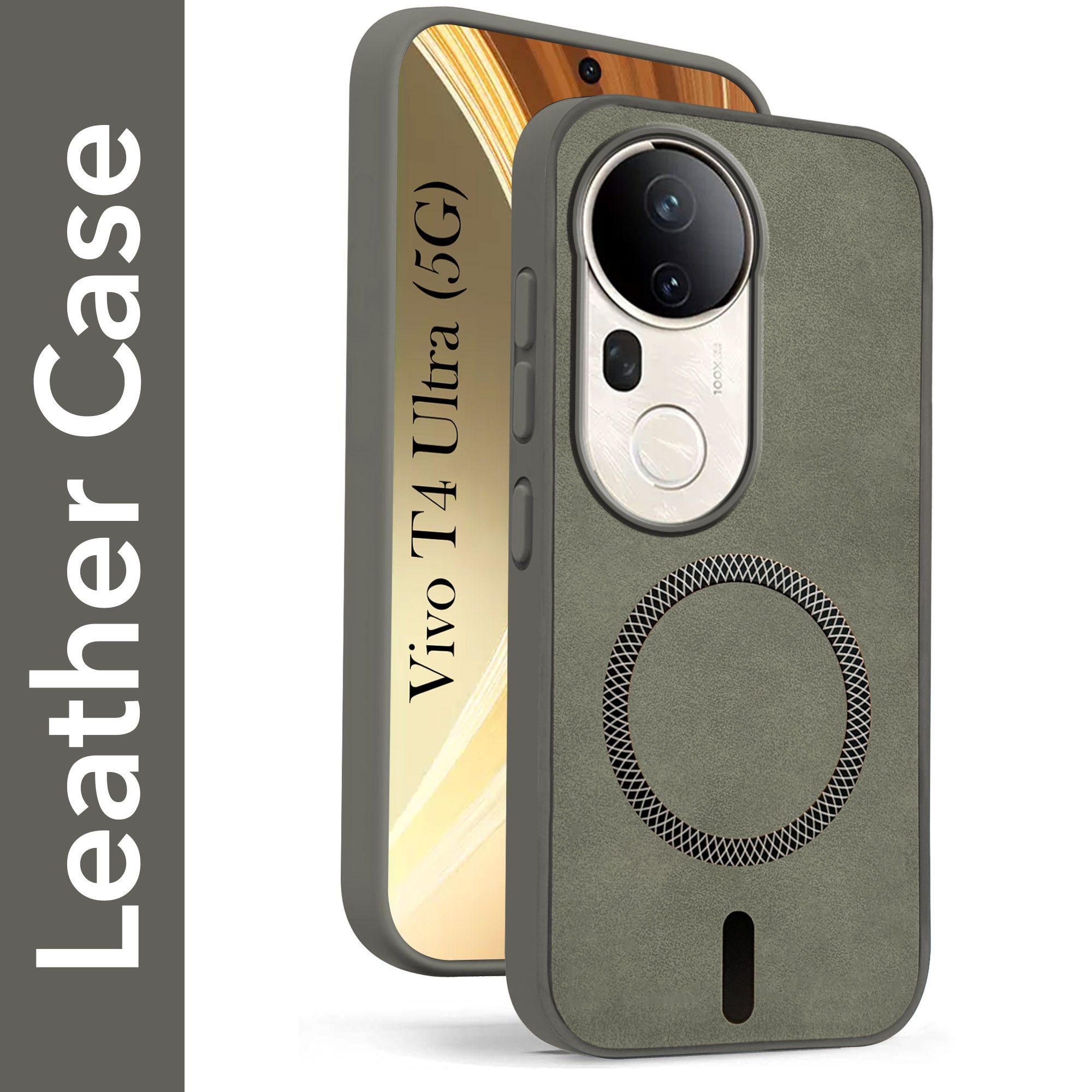 For Vivo T4 Ultra Back Cover Case Leather Finish (MagSafe Compatible Wireless Charging | Soft Touch | Camera Bump Protection)