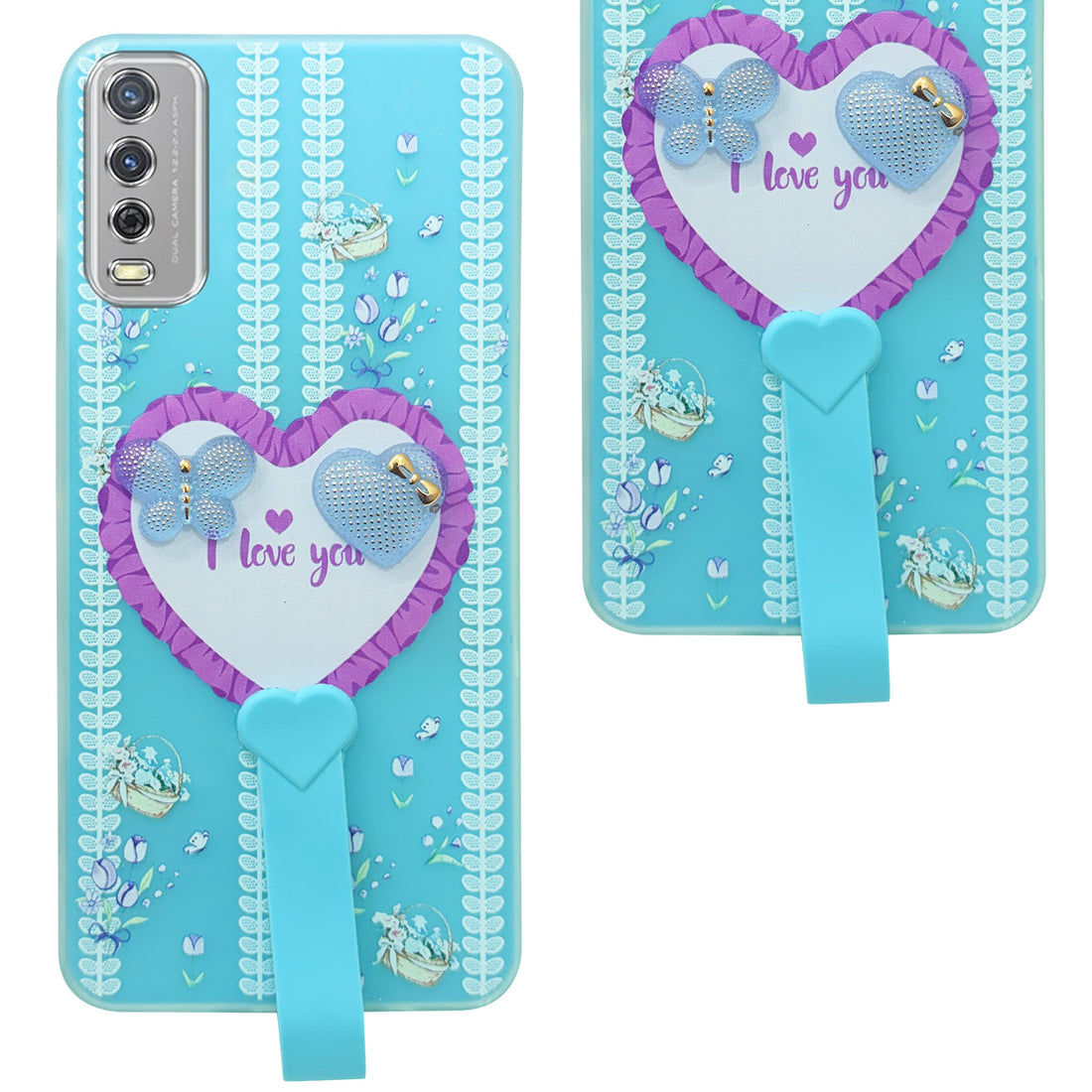 For Vivo Y12s | Y11s | Y12G Back Cover Case (3D Cute Heart Strap Holder | Camera Protection | Designer Girls Print)