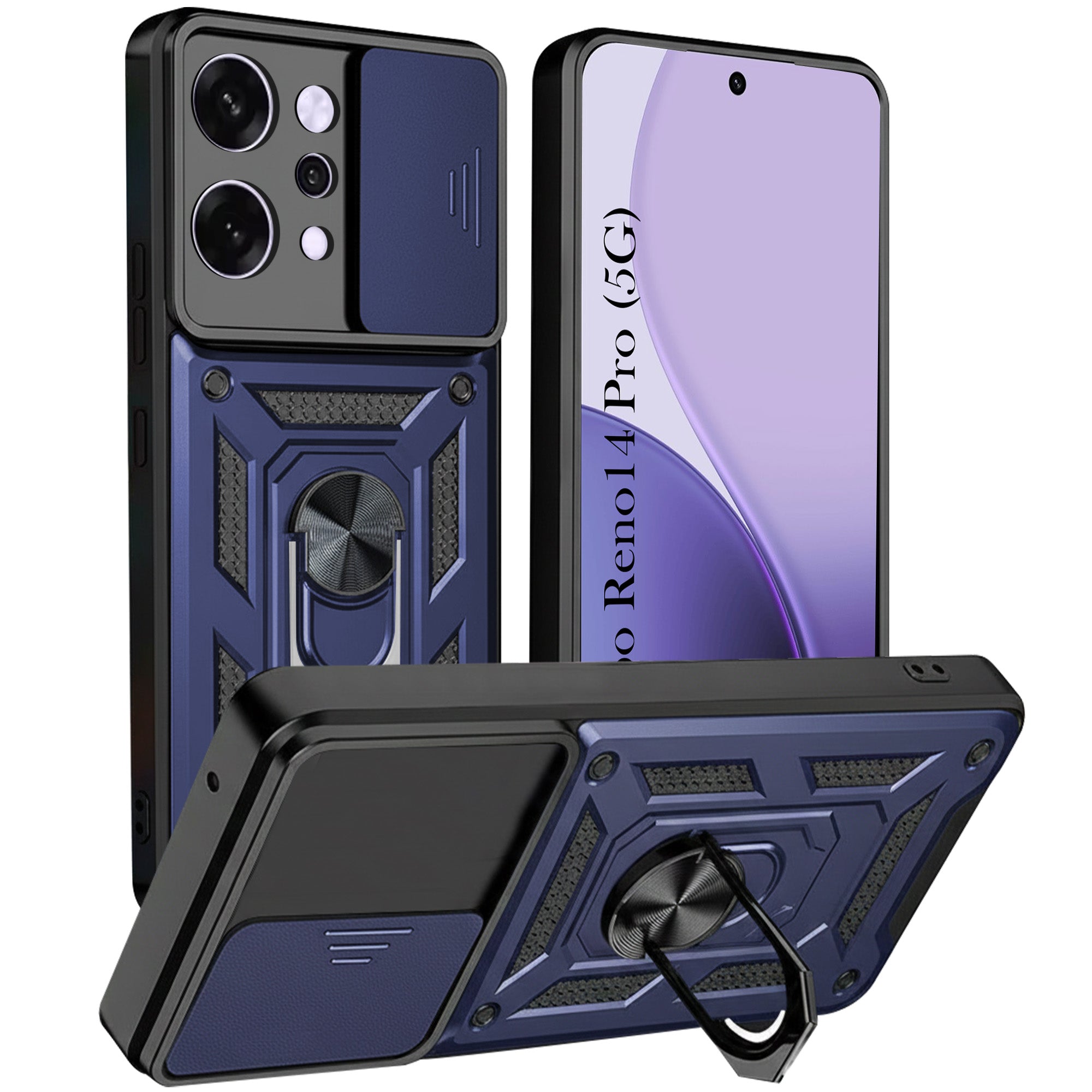 For Oppo Reno14 Pro 5G | Oppo Reno 14 Pro 5G Back Cover Case (Sliding Shutter Camera Protection | Polycarbonate |Ring Holder Kickstand)