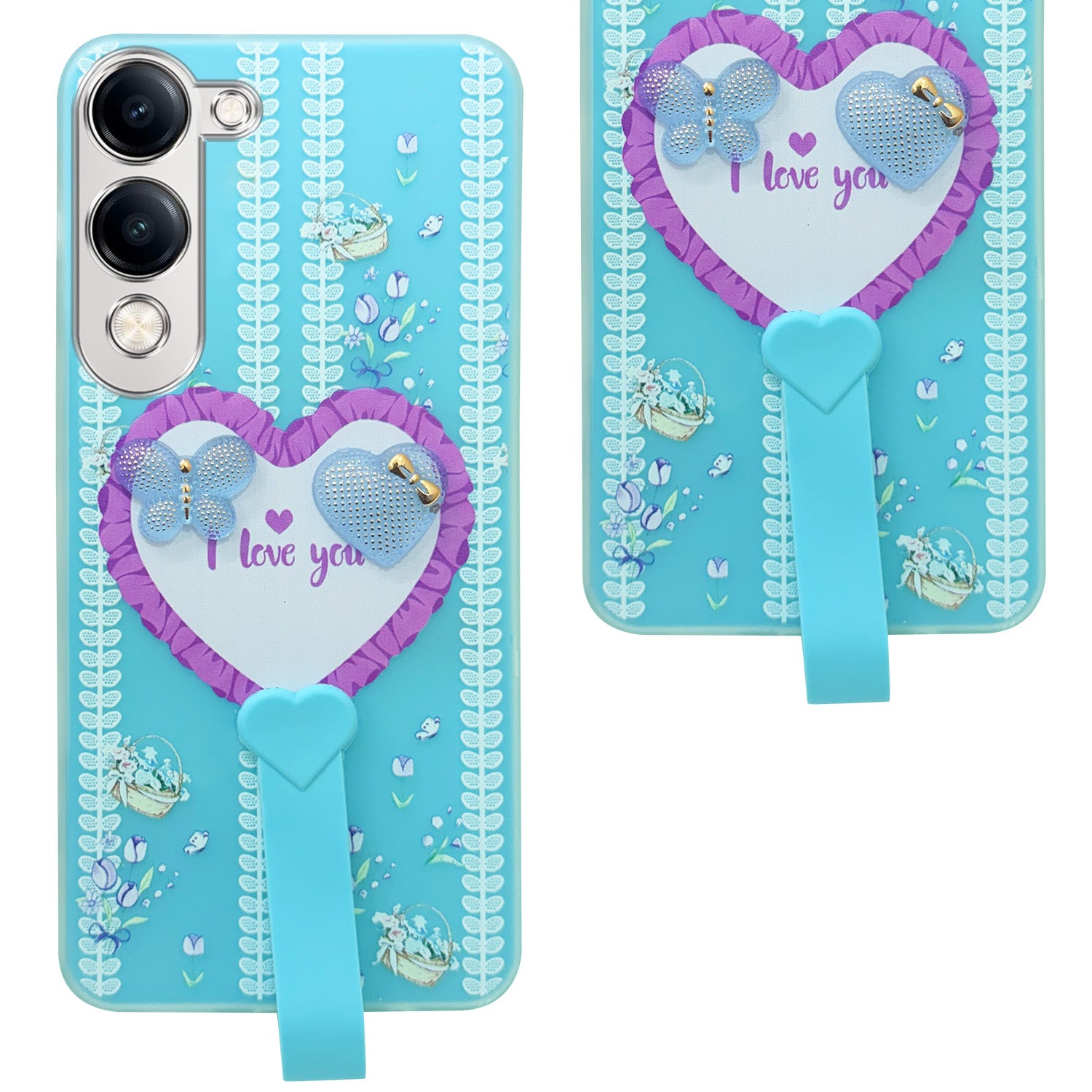 For Vivo Y19 | Vivo Y19e | Vivo T4 Lite Back Cover Case (3D Cute Heart Strap Holder | Camera Protection | Designer Girls Print)