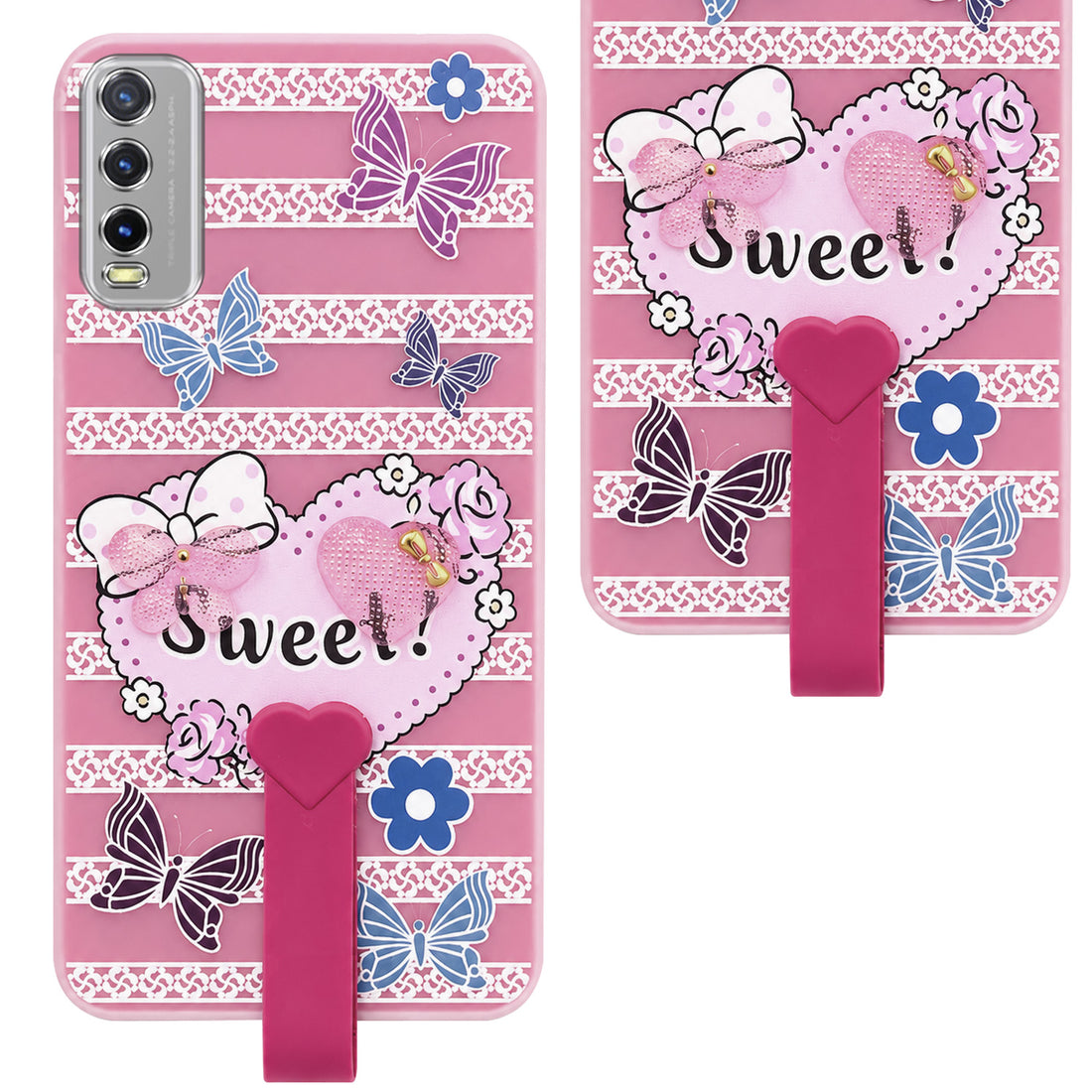 For Vivo Y20 | Y20i Back Cover Case (3D Cute Heart Strap Holder | Camera Protection | Designer Girls Print)