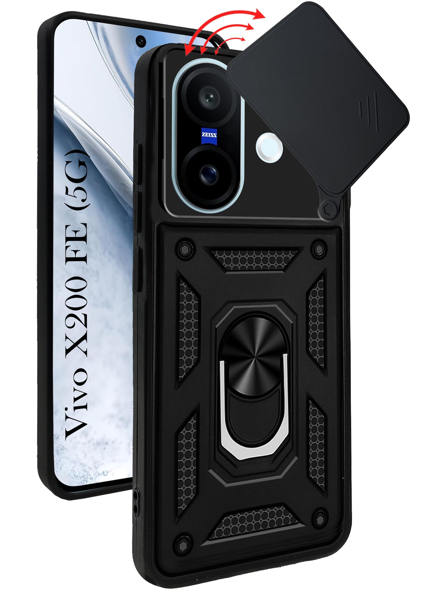 For Vivo X200 FE Back Cover Case (Sliding Shutter Camera Protection | Polycarbonate |Ring Holder Kickstand)