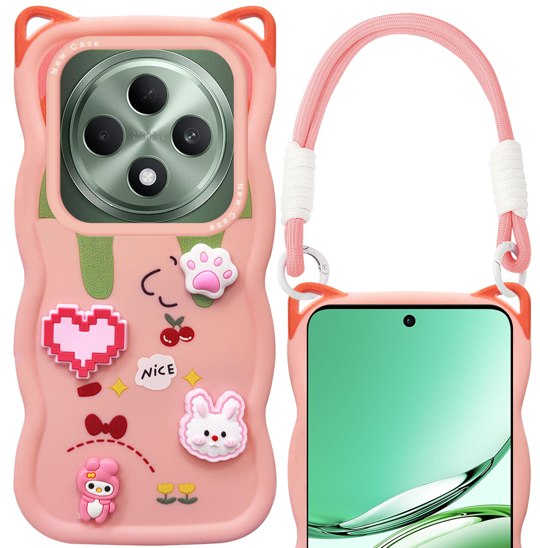 For Oppo Reno 12F Back Case Cover Strap (3D embossed Figures | Strap Holder | 360* Soft Cushion with Camera Bump)