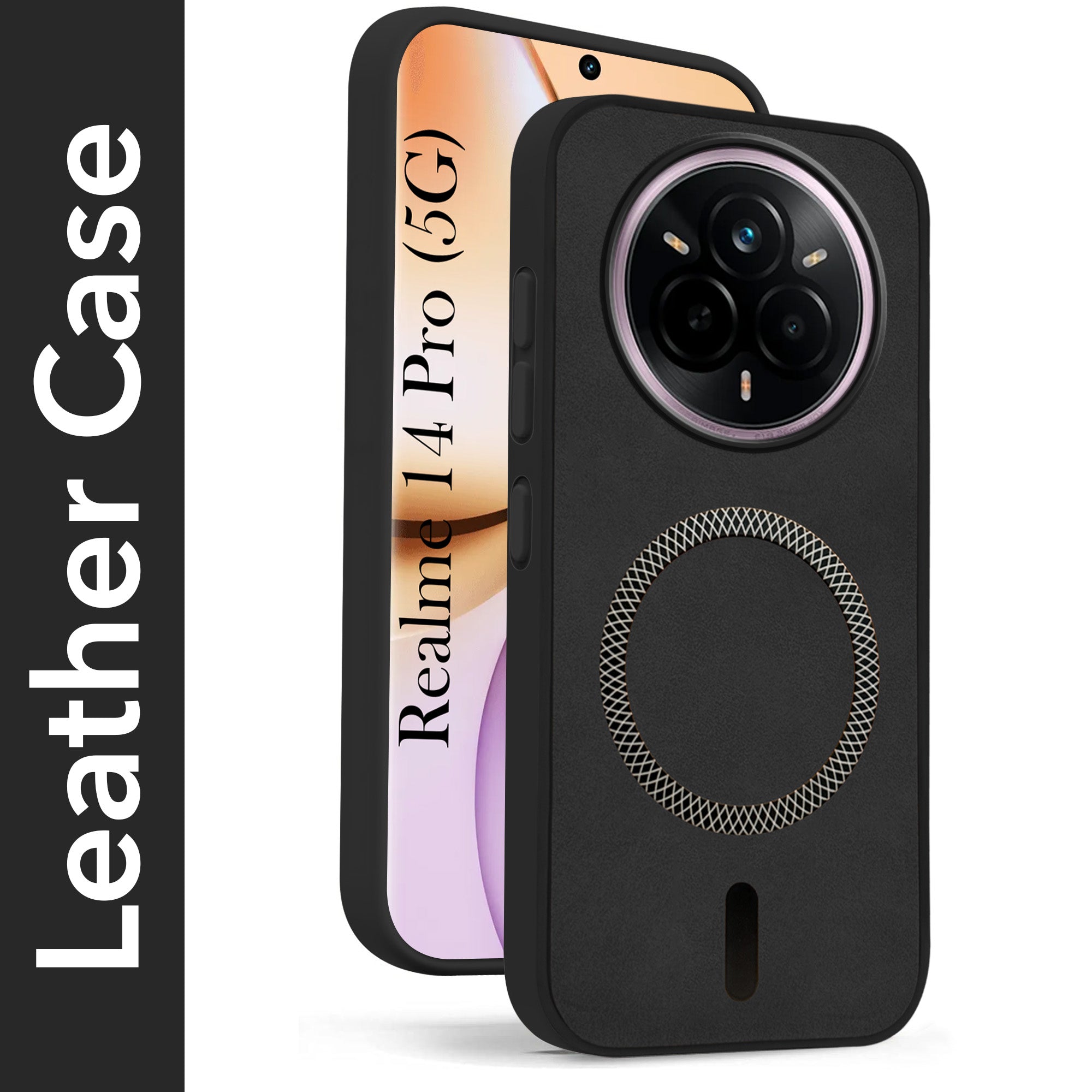 For Realme 14 Pro Back Cover Case Leather Finish (MagSafe Compatible Wireless Charging | Soft Touch | Camera Bump Protection)