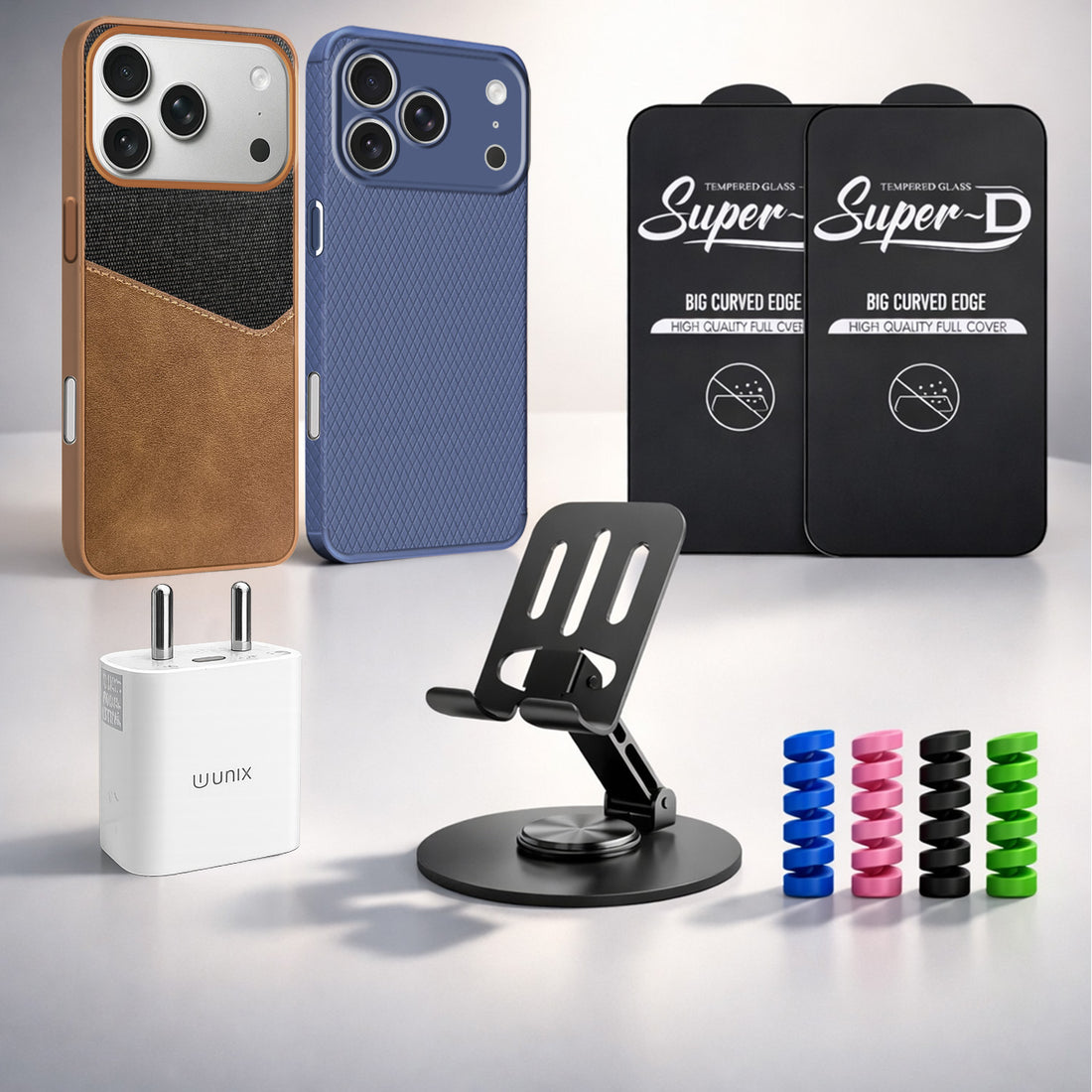 Complete Mobile Care Kit (Get Any 2 Cases+2 Tempered Glass+25W Charger Adapter+Metallic Mobile Stand+Cable Protector)