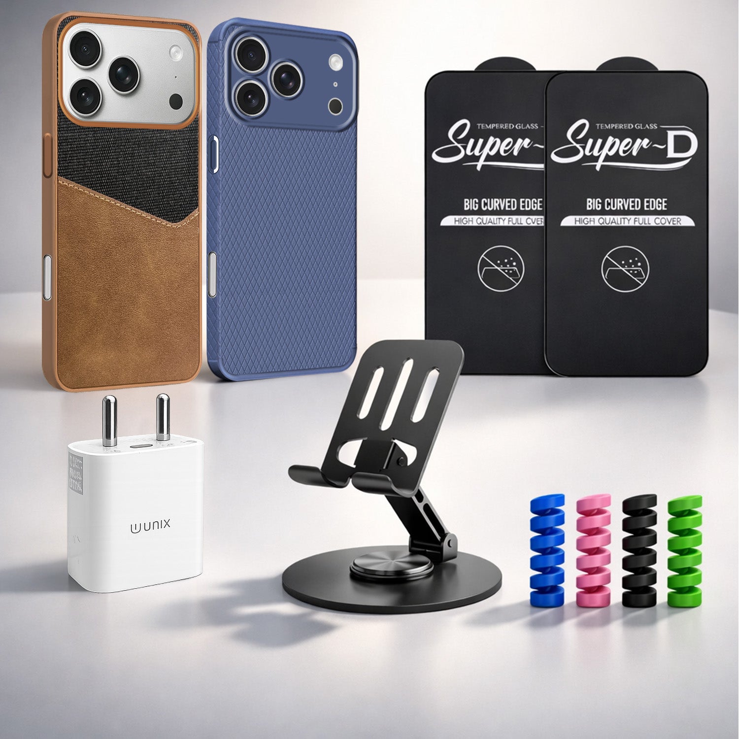 Complete Mobile Care Kit (Get Any 2 Cases+2 Tempered Glass+25W Charger Adapter+Metallic Mobile Stand+Cable Protector)