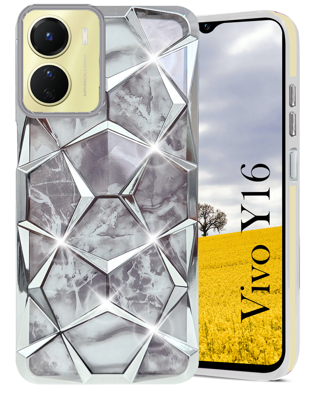 For Vivo Y16 Back Cover Case (Dual Design Glitter Sparkle and Detachable Diamond Print Case | Soft and Flexible)