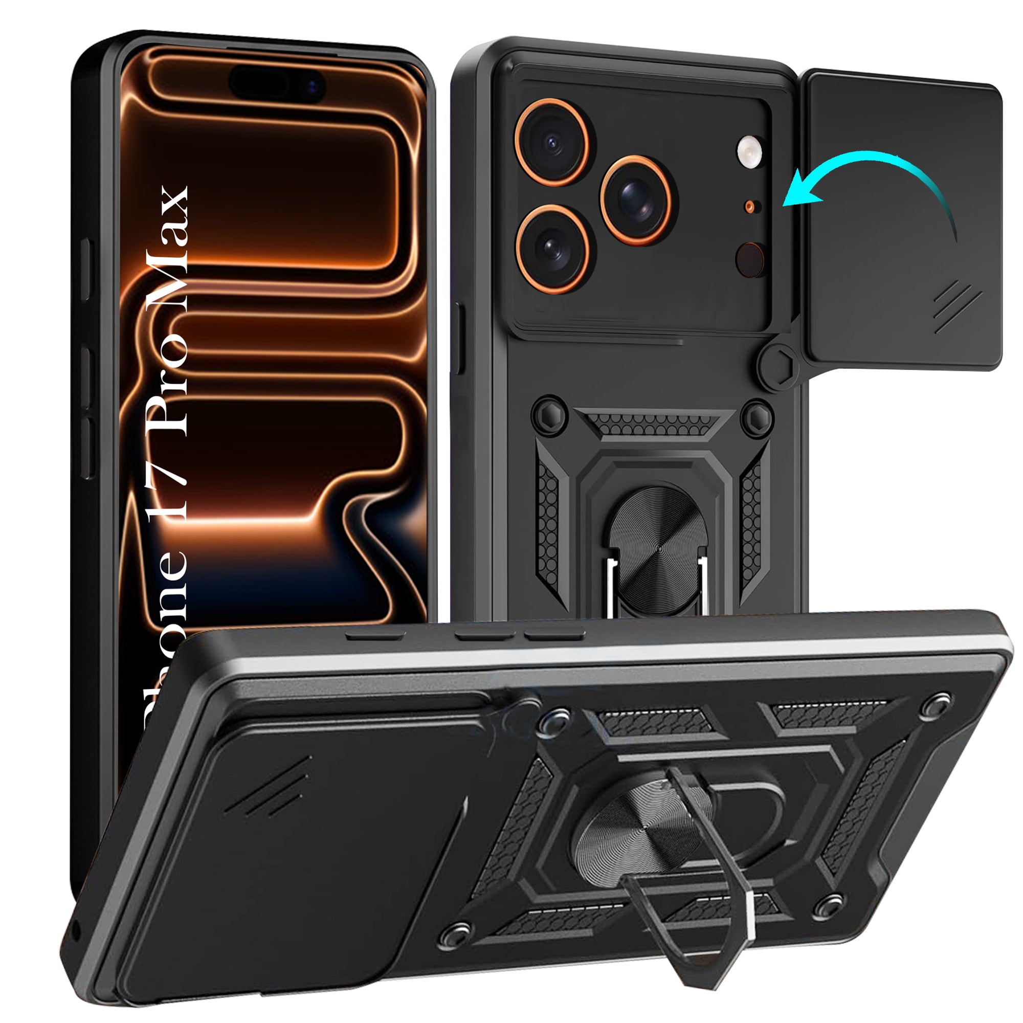 For Apple iPhone 17 Pro Max  Back Cover Case (Sliding Shutter Camera Protection | Polycarbonate |Ring Holder Kickstand)