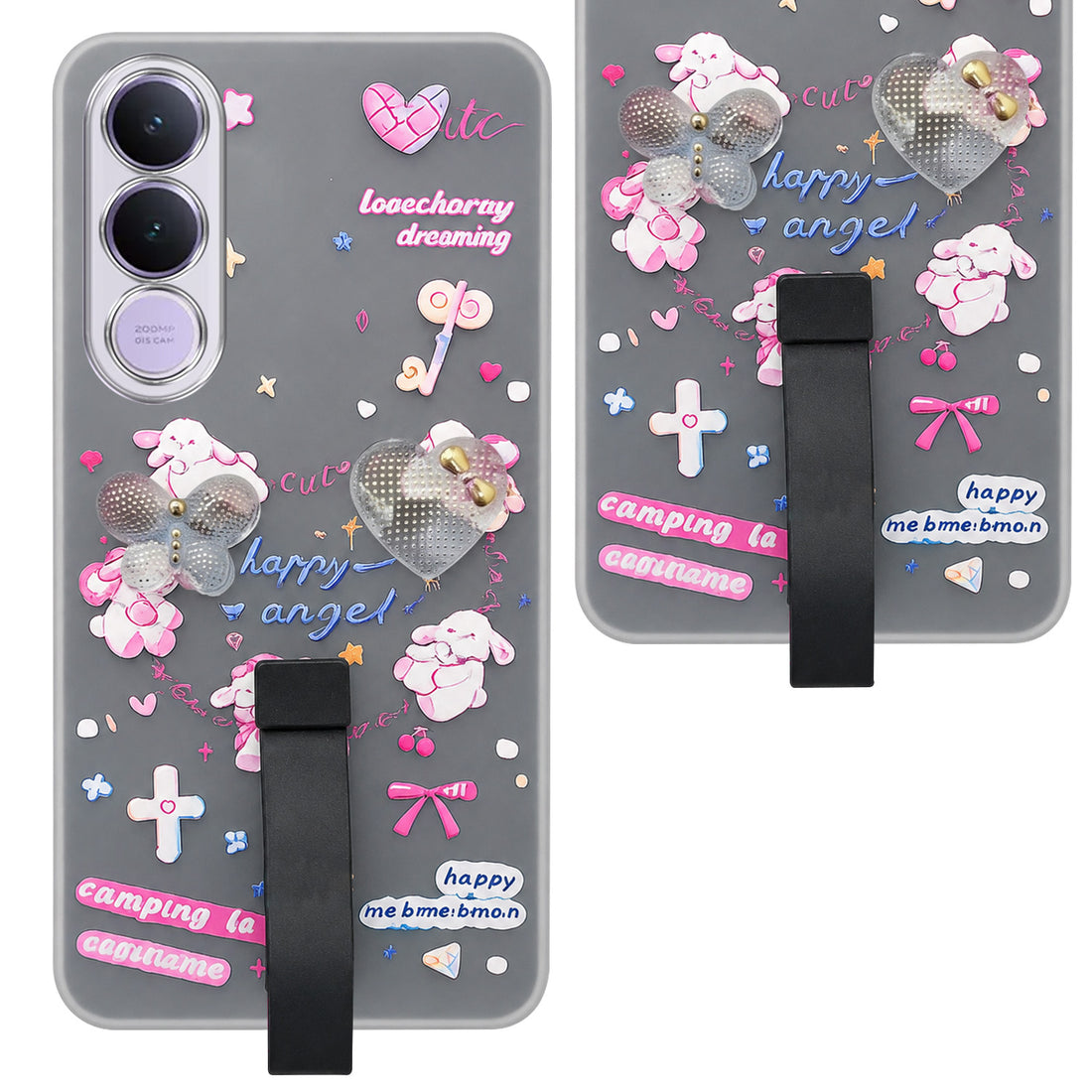 For Vivo V70 FE 5G Back Cover Case (3D Cute Heart Strap Holder | Camera Protection | Designer Girls Print)