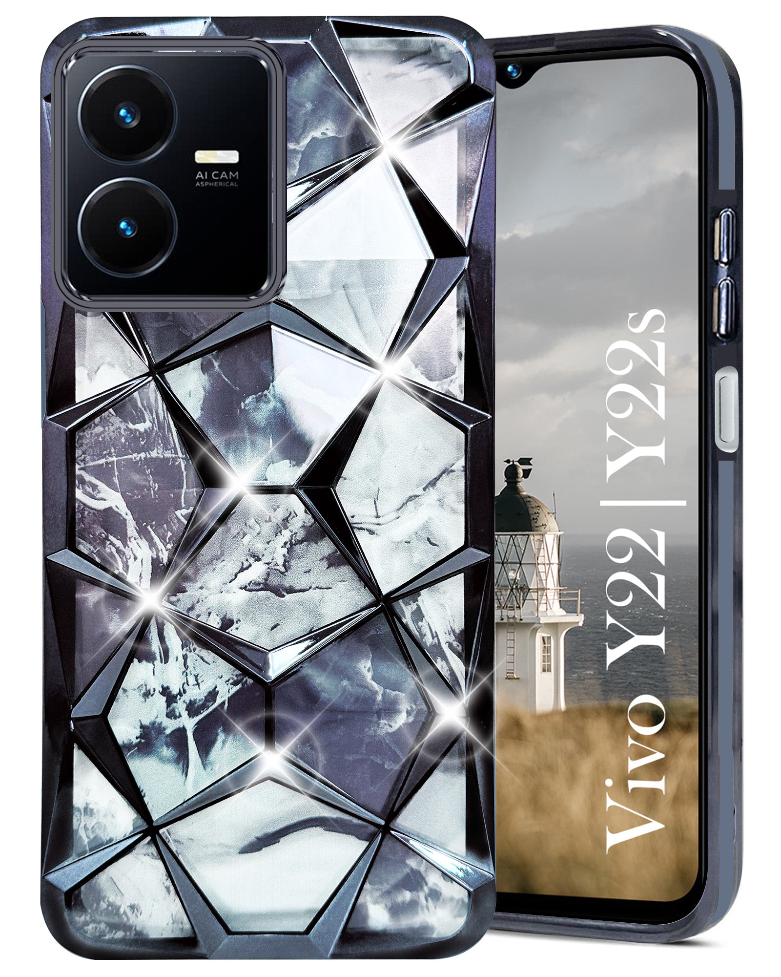 For VIVO Y22 | VIVO Y22s Back Cover Case (Dual Design Glitter Sparkle and Detachable Diamond Print Case | Soft and Flexible)