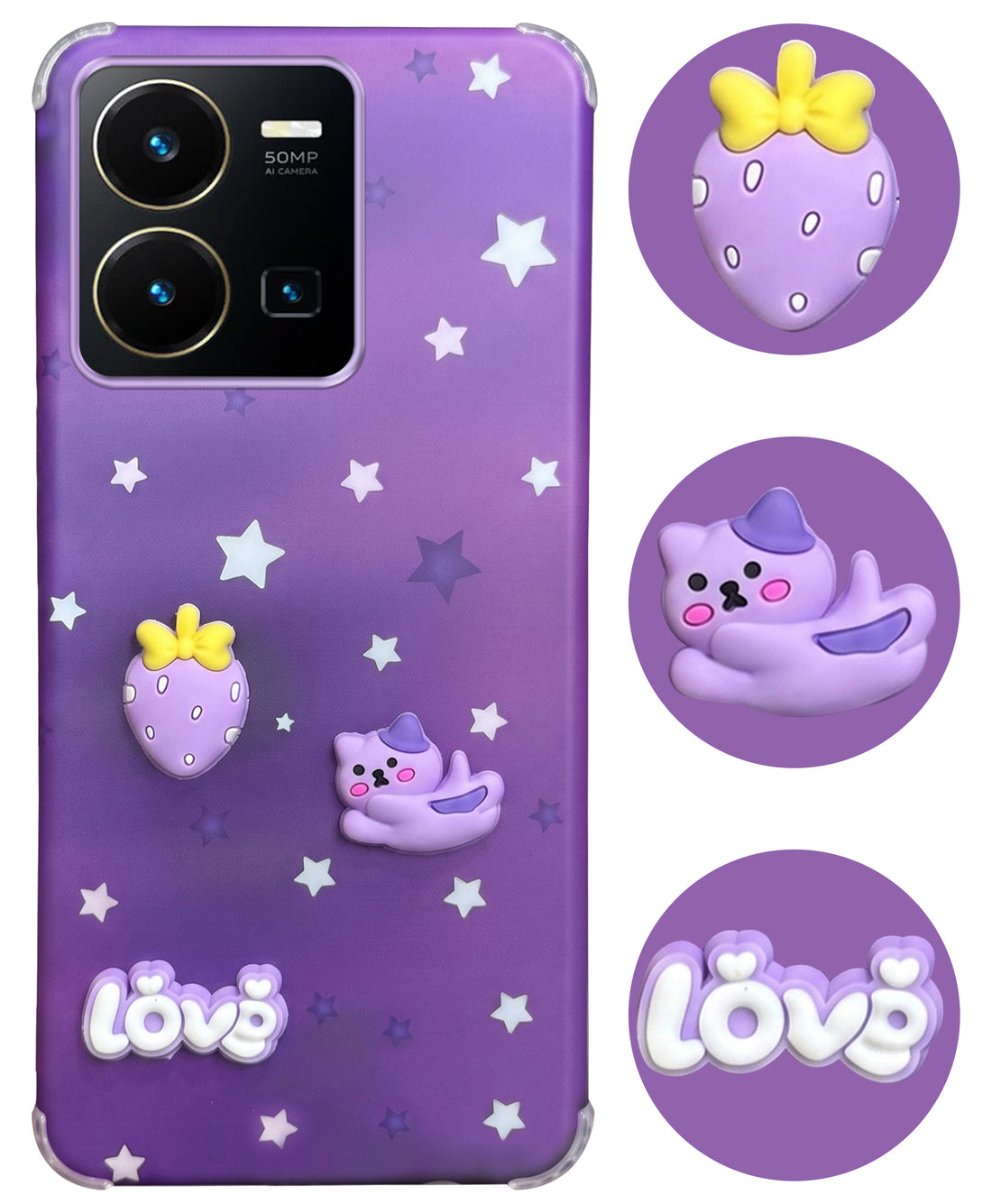For Vivo Y35 Back Cover Case (3D Cute Cartoons | Hard Back Side Soft | Matte Premium Finish | HD Printing)