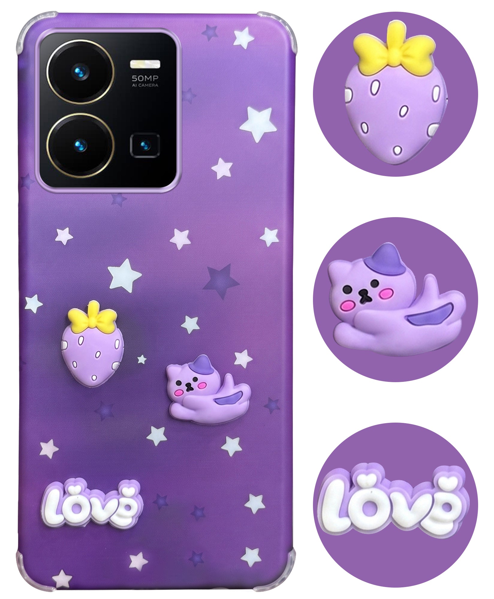 For Vivo Y35 Back Cover Case (3D Cute Cartoons | Hard Back Side Soft | Matte Premium Finish | HD Printing)