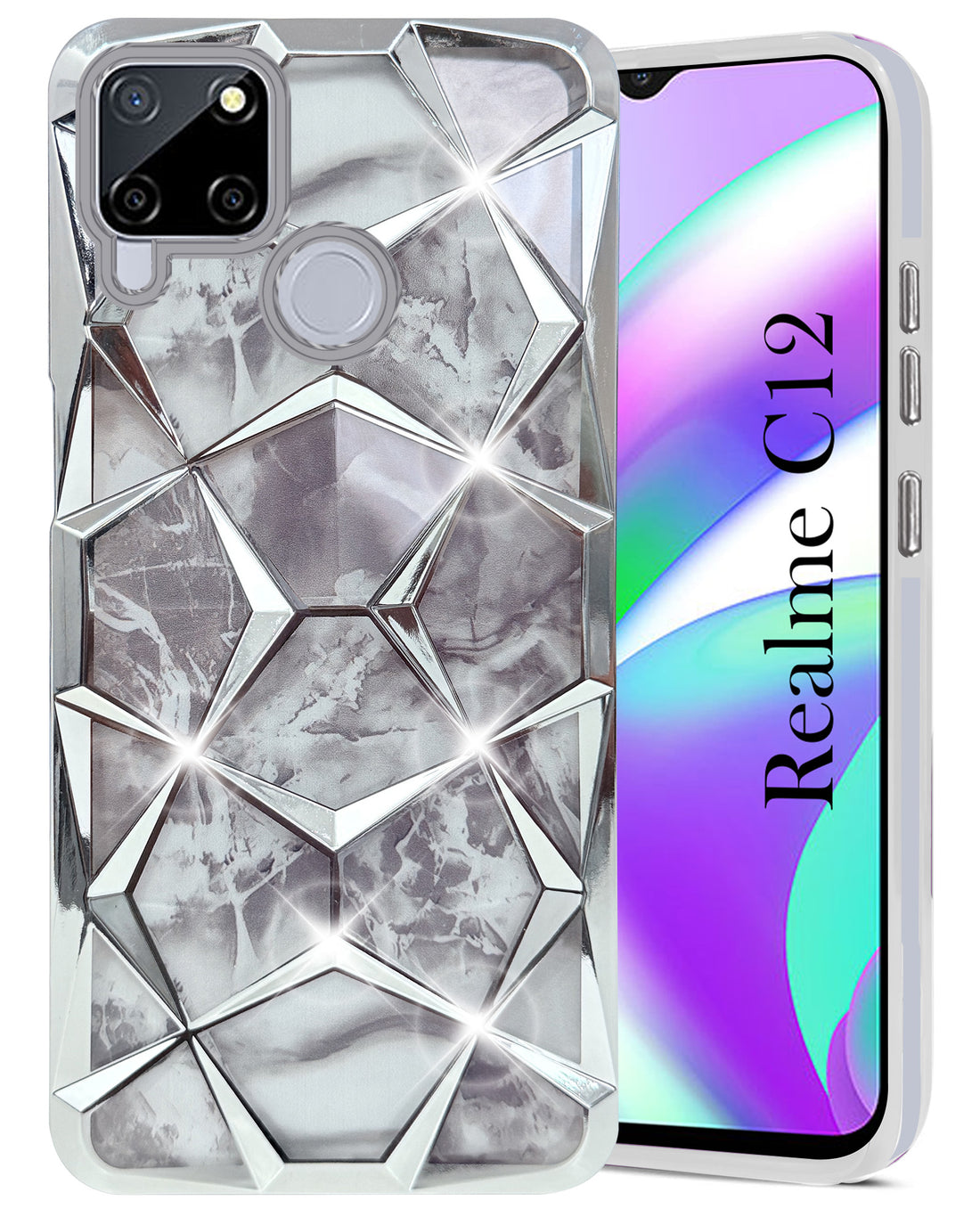 For Realme C12 Back Cover Case (Dual Design Glitter Sparkle and Detachable Diamond Print Case | Soft and Flexible)