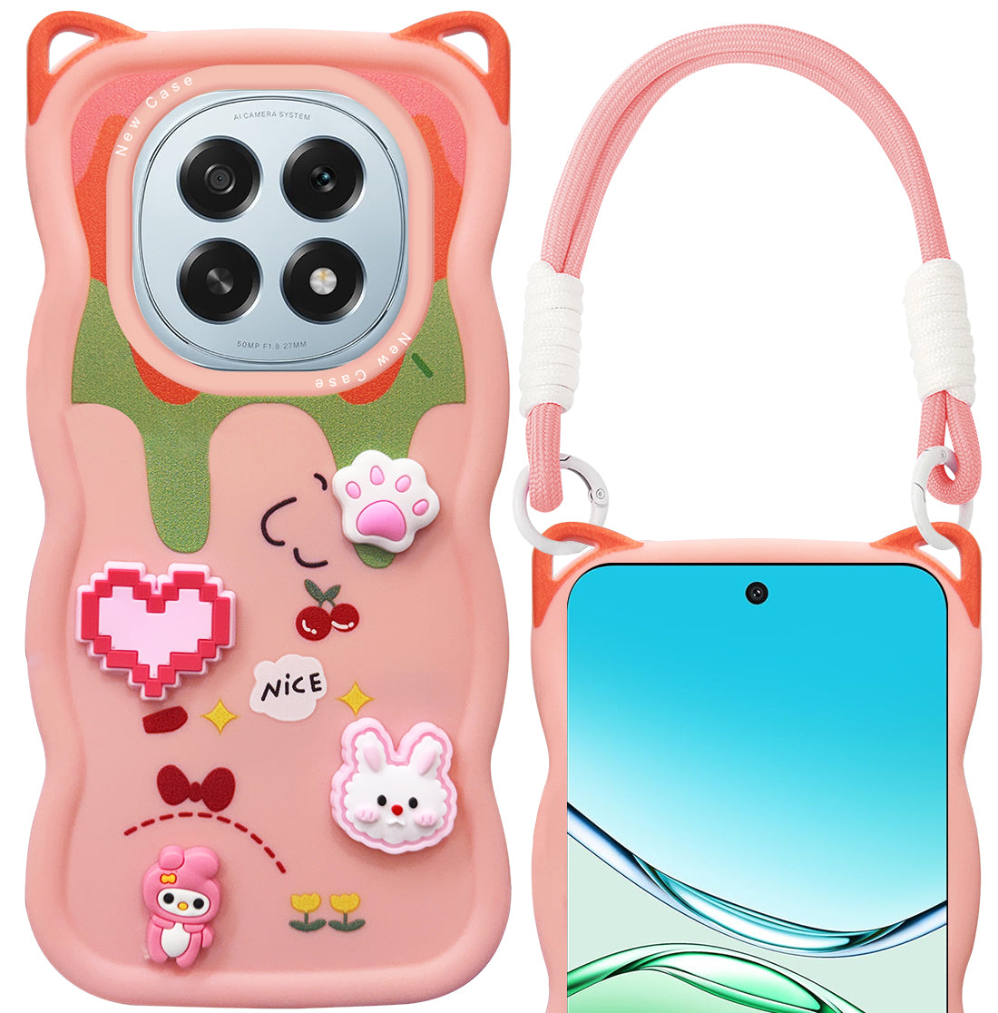 For Oppo F29 Back Case Cover Strap (3D embossed Figures | Strap Holder | 360* Soft Cushion with Camera Bump)