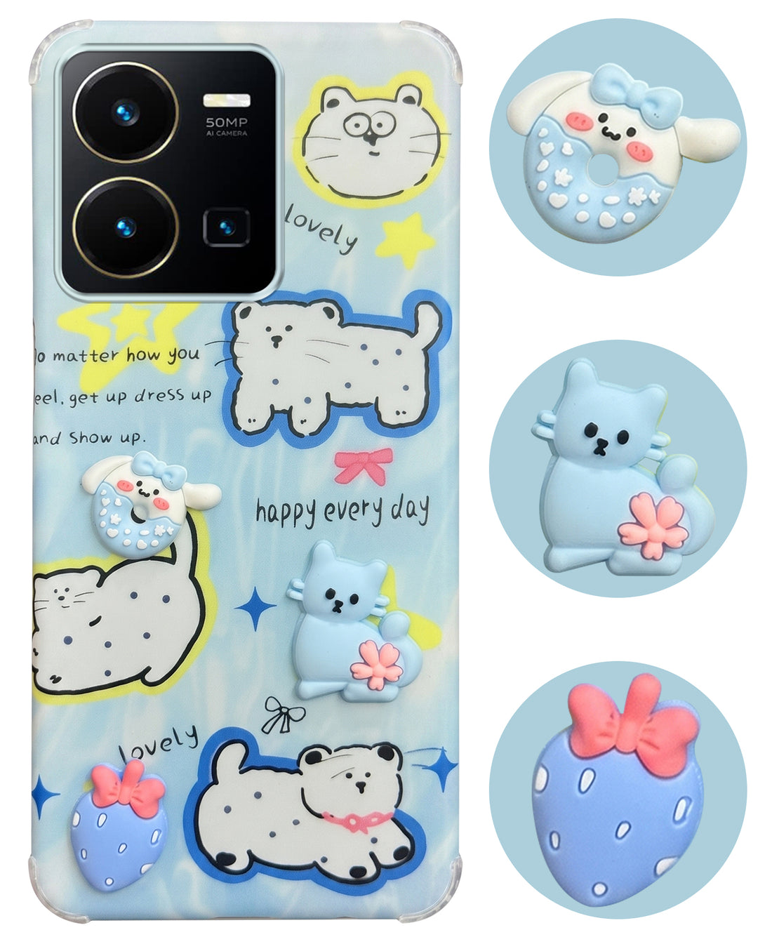 For Vivo Y35 Back Cover Case (3D Cute Cartoons | Hard Back Side Soft | Matte Premium Finish | HD Printing)