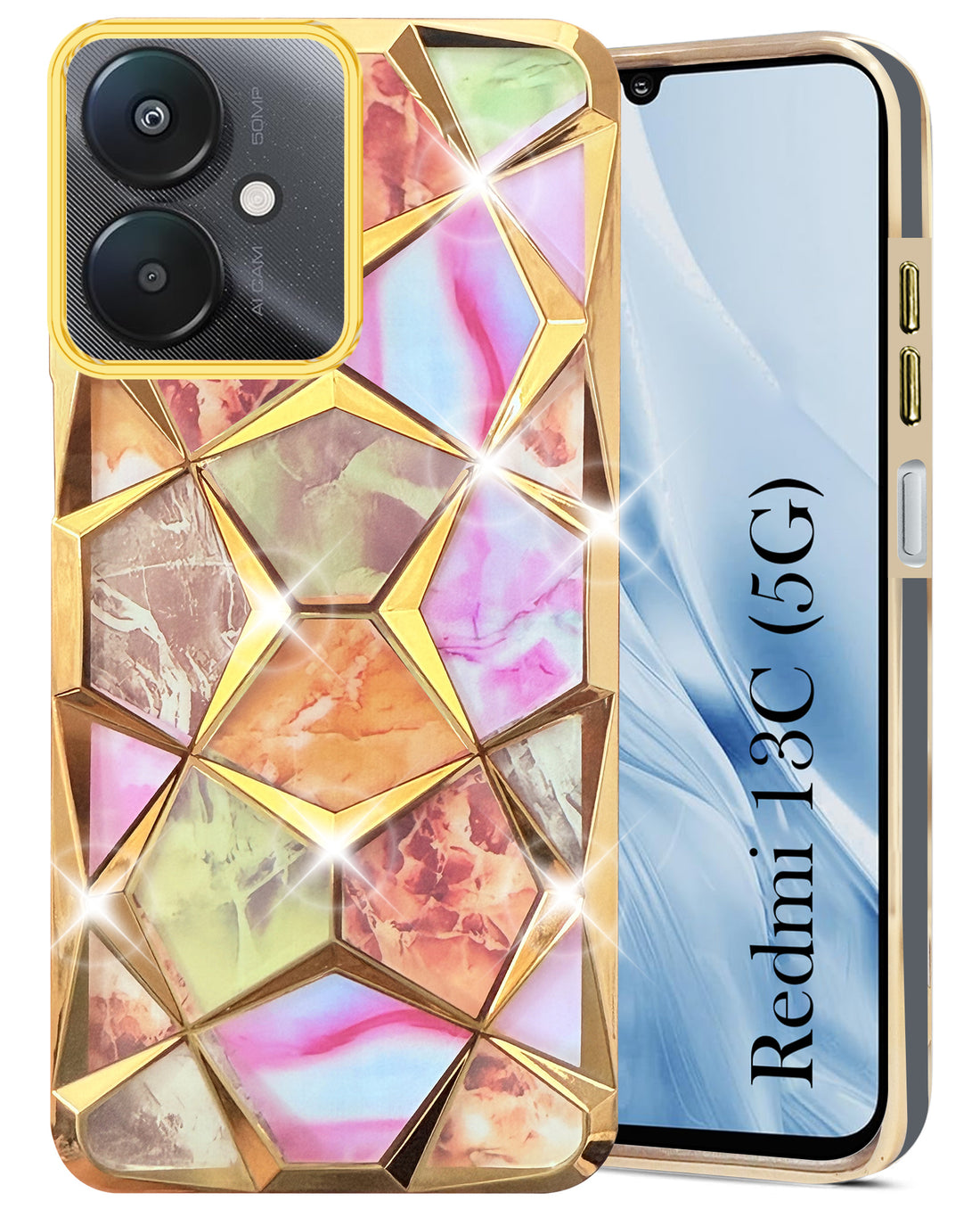 For Redmi 13C 5G Back Cover Case (Dual Design Glitter Sparkle and Detachable Diamond Print Case | Soft and Flexible)