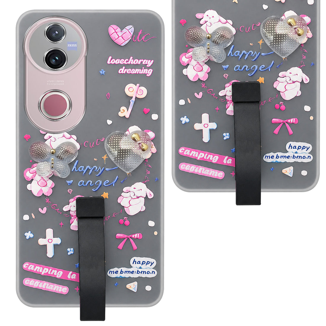 For Vivo V50 | Vivo V50e Back Cover Case (3D Cute Heart Strap Holder | Camera Protection | Designer Girls Print)